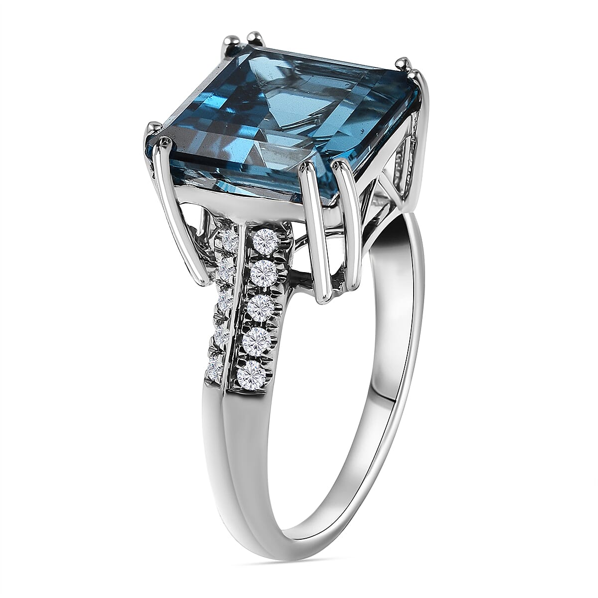 Certified and Appraised 10K White Gold AAA London Blue Topaz and Diamond (I1-GH) Ring 6.15 Ct
