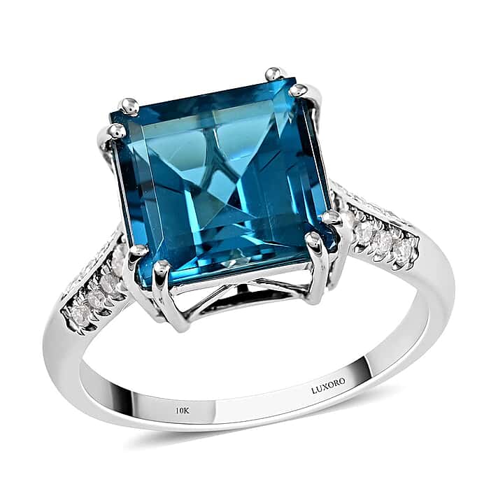 Certified and Appraised 10K White Gold AAA London Blue Topaz and Diamond (I1-GH) Ring 6.15 Ct