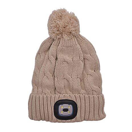 USB Rechargeable Waterproof LED Lighted Bobble Hat with Sherpa Lining (Size 26x20 Cm) - Beige