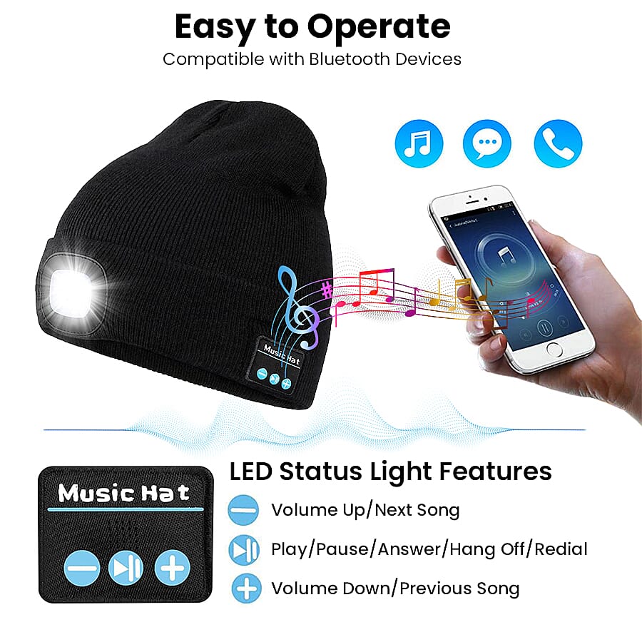 DOD-  LED Light Up Beanie Music Hat with Headphones - Black