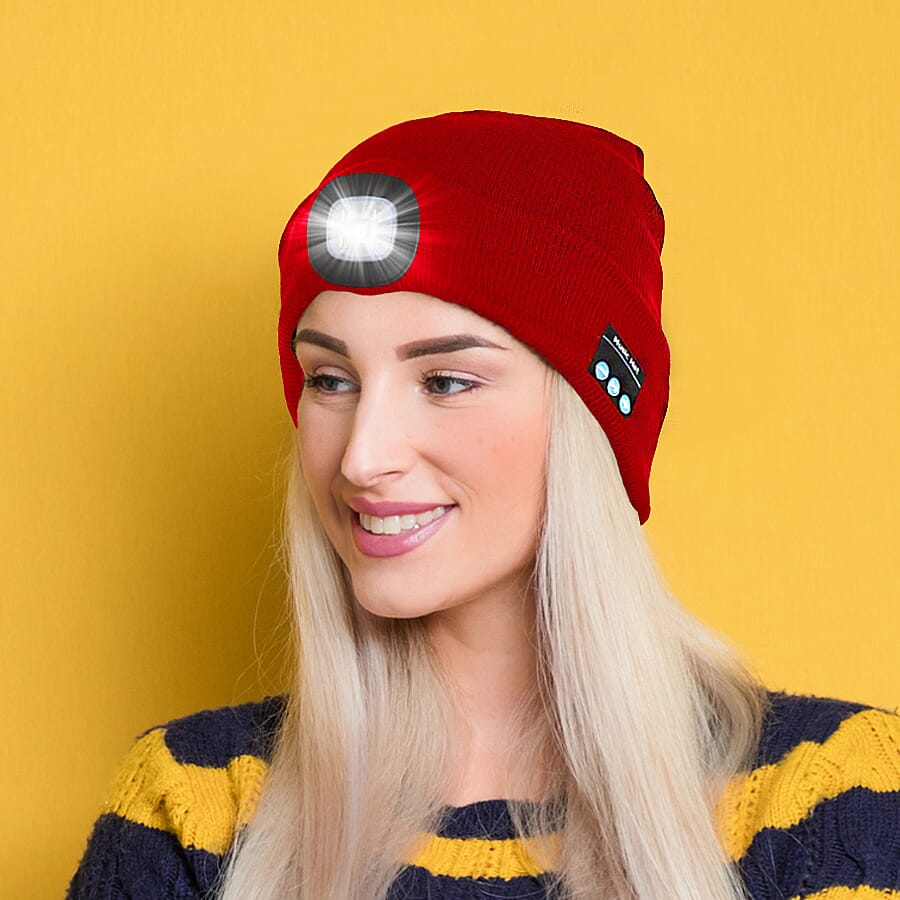 LED Light Up Beanie Music Hat with Headphones - Red
