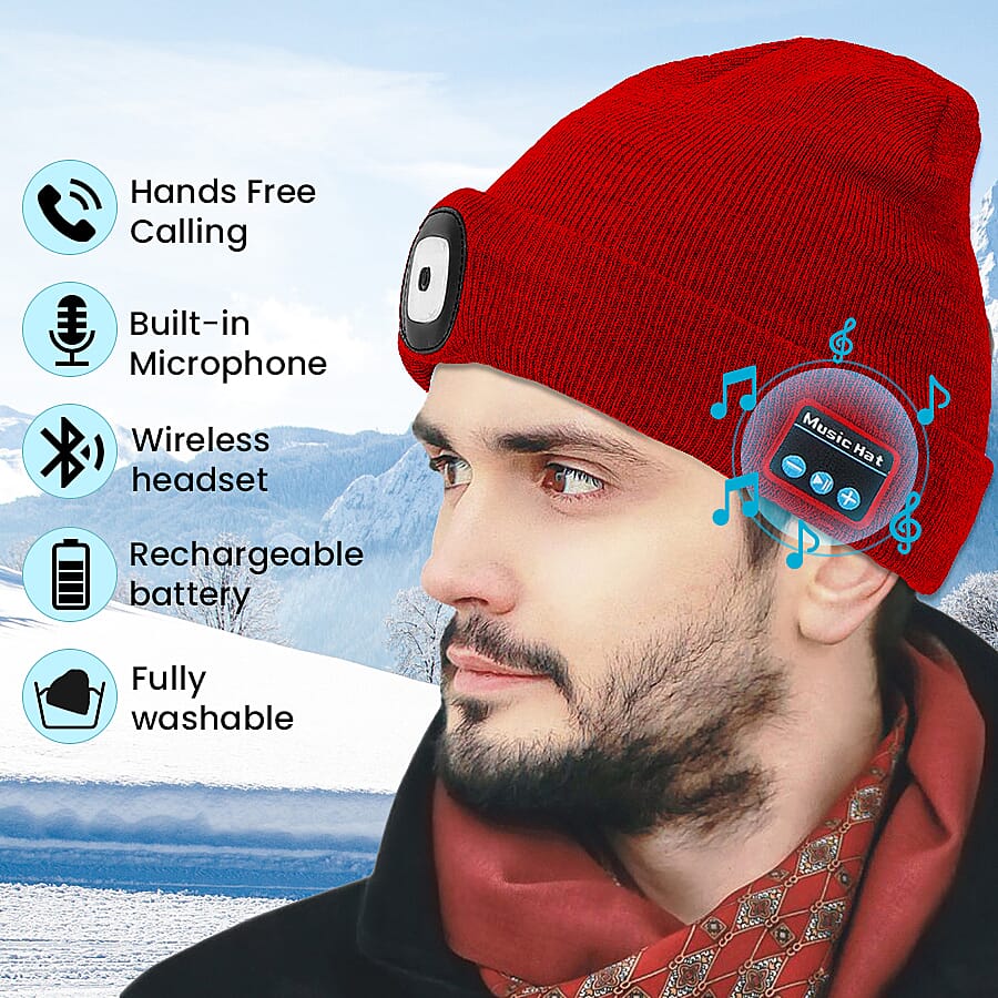 LED Light Up Beanie Music Hat with Headphones - Red