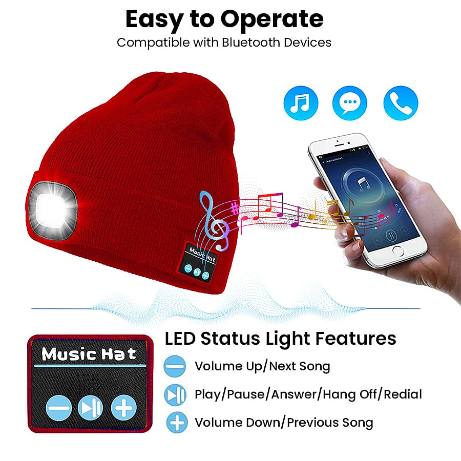 LED Light Up Beanie Music Hat with Headphones - Red