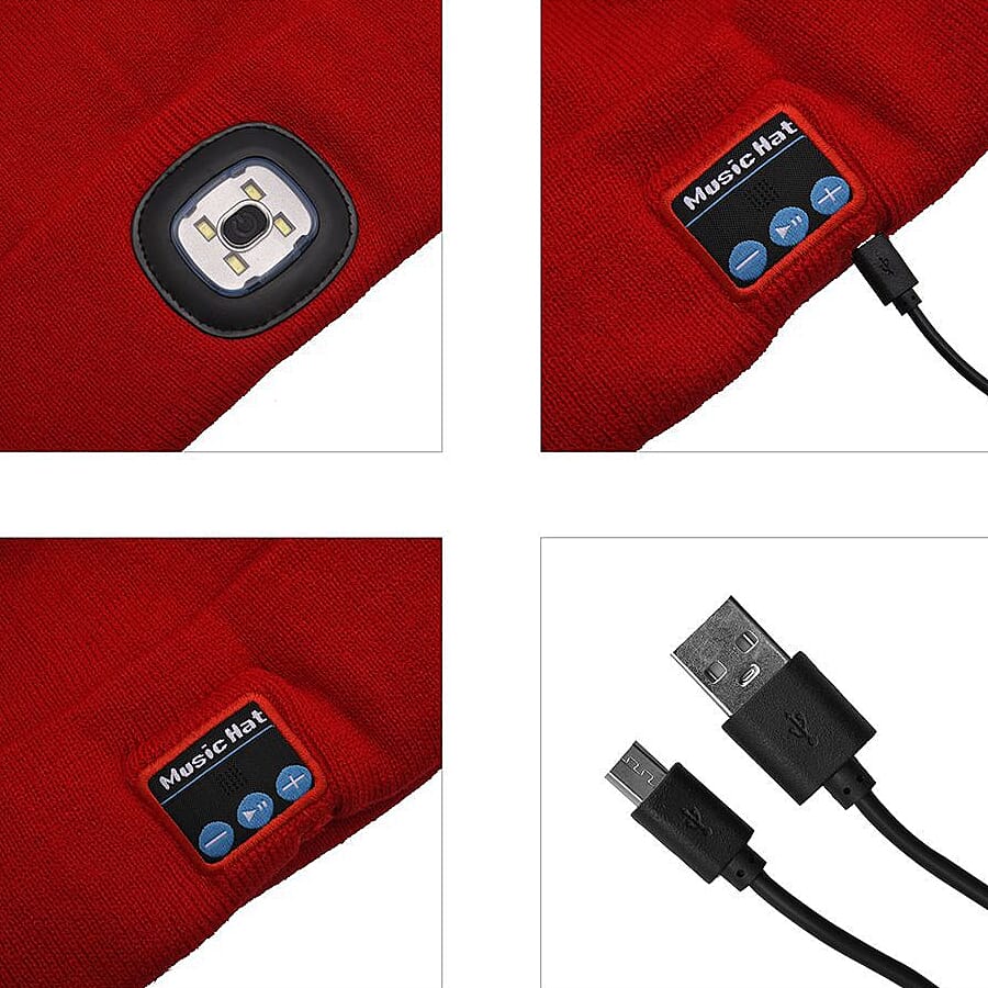 LED Light Up Beanie Music Hat with Headphones - Red