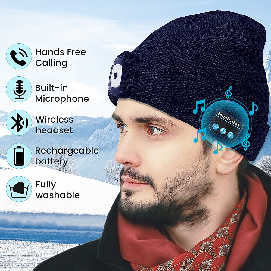 LED Light Up Beanie Music Hat with Headphones - Blue