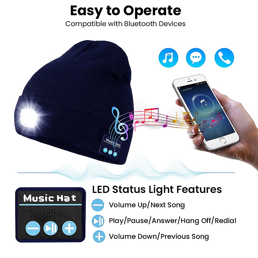 LED Light Up Beanie Music Hat with Headphones - Blue