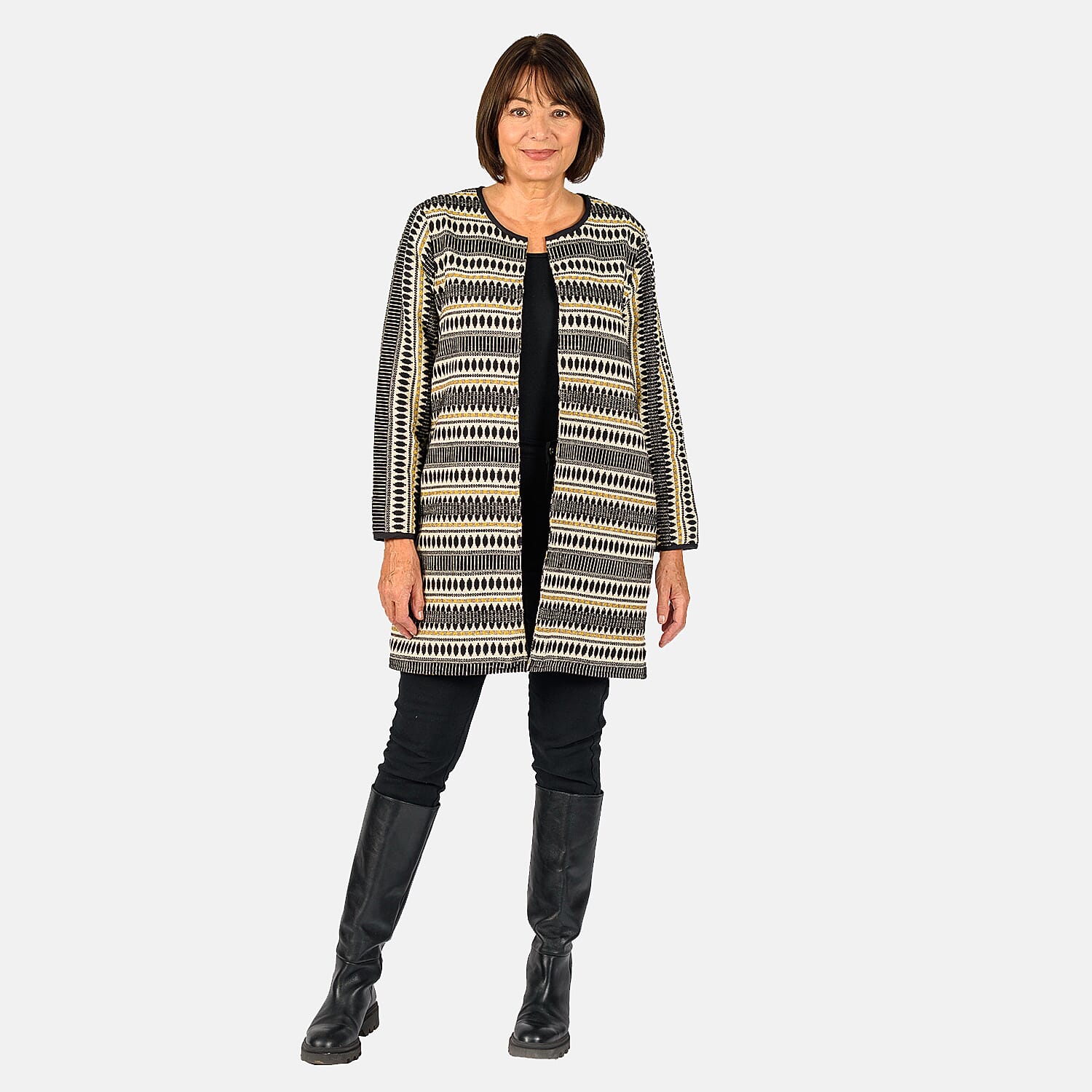 Tamsy Tribal Pattern Long Jacket (Size S,8-10) - Black