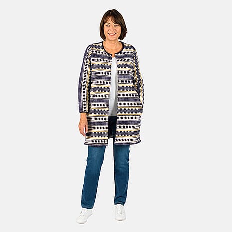 Tamsy Cotton Stripe Pattren Long Jacket (Size XL,20-22) - Navy