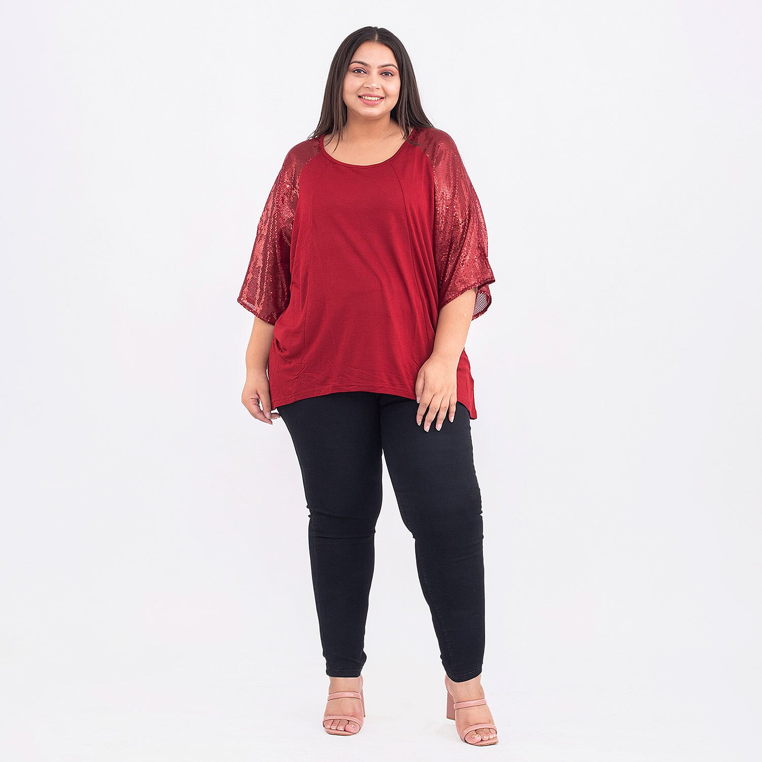 100% Viscose Batwing Jersey Top with Scoop Neck and Sequin Sleeves (One Size 8-18) - Maroon