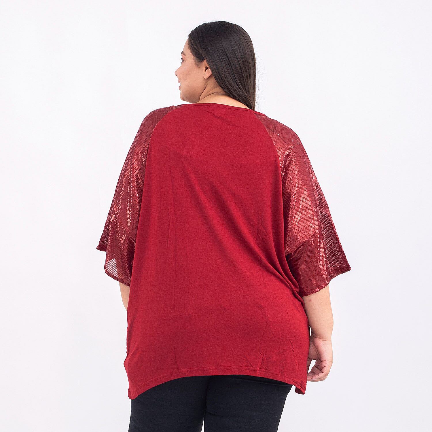 100% Viscose Batwing Jersey Top with Scoop Neck and Sequin Sleeves (One Size 8-18) - Maroon