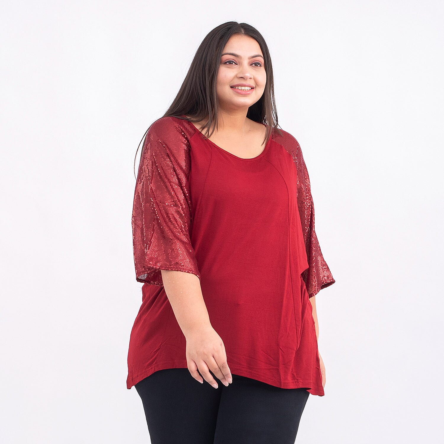 100% Viscose Batwing Jersey Top with Scoop Neck and Sequin Sleeves (One Size 8-18) - Maroon