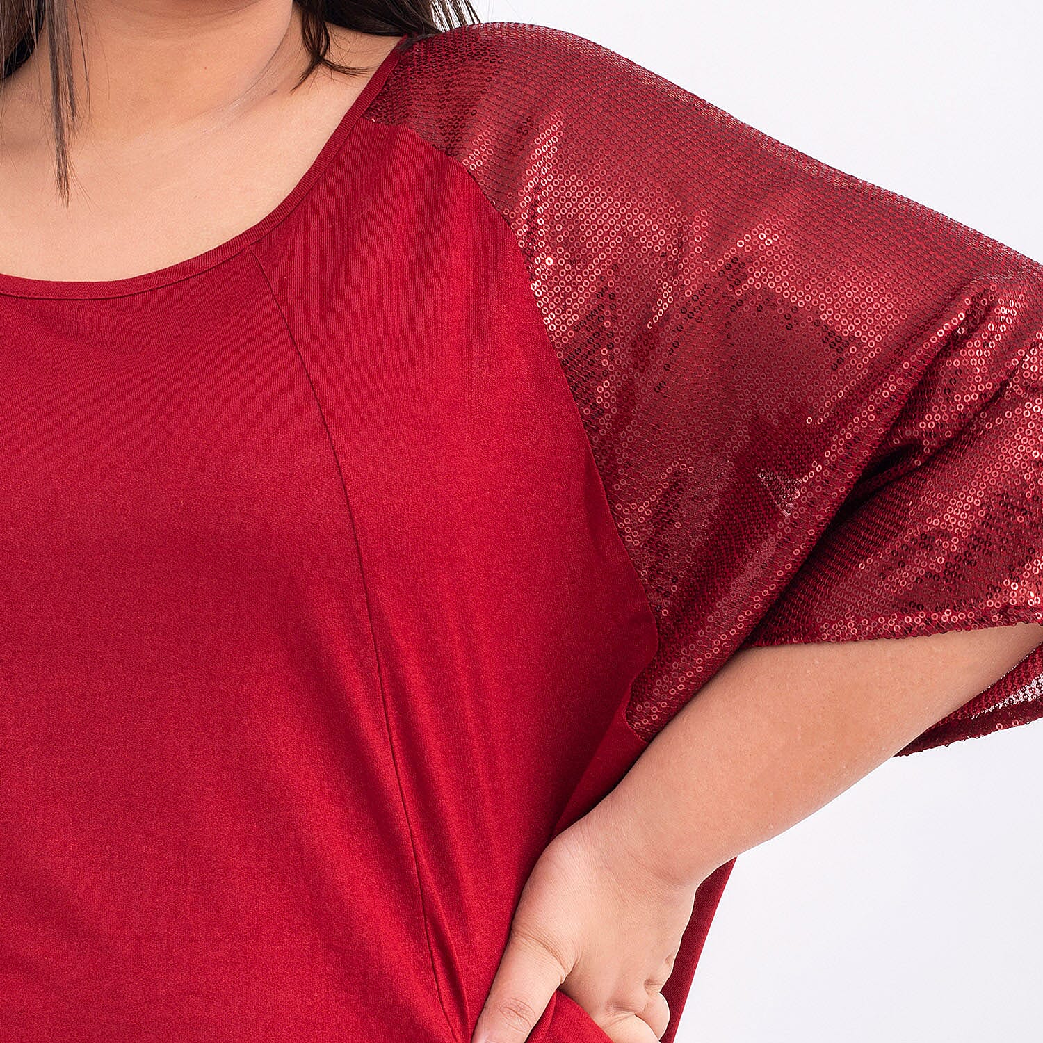 100% Viscose Batwing Jersey Top with Scoop Neck and Sequin Sleeves (One Size 8-18) - Maroon