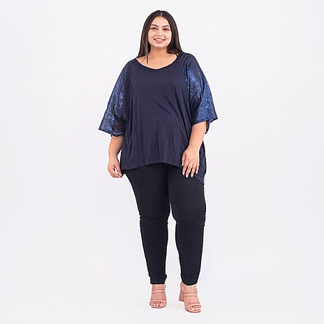 100% Viscose Batwing Jersey Top with Round Neck and Sequin Sleeves (One Size Curve) - Navy