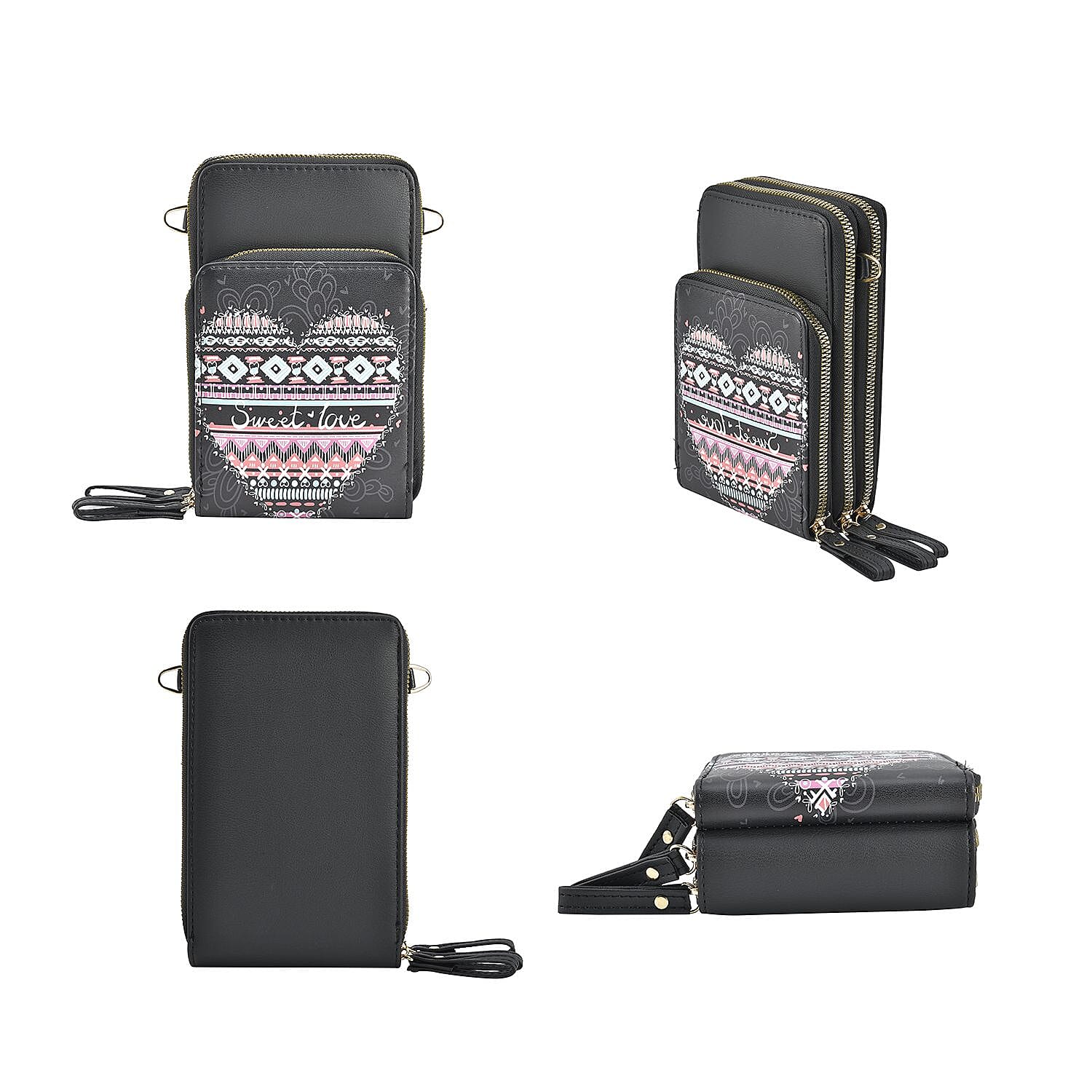 Heart Pattern Small Crossbody Bag with RFID Protection and  Detachable Shoulder Strap (Size 11x18x7 Cm) - Purple & Torquise