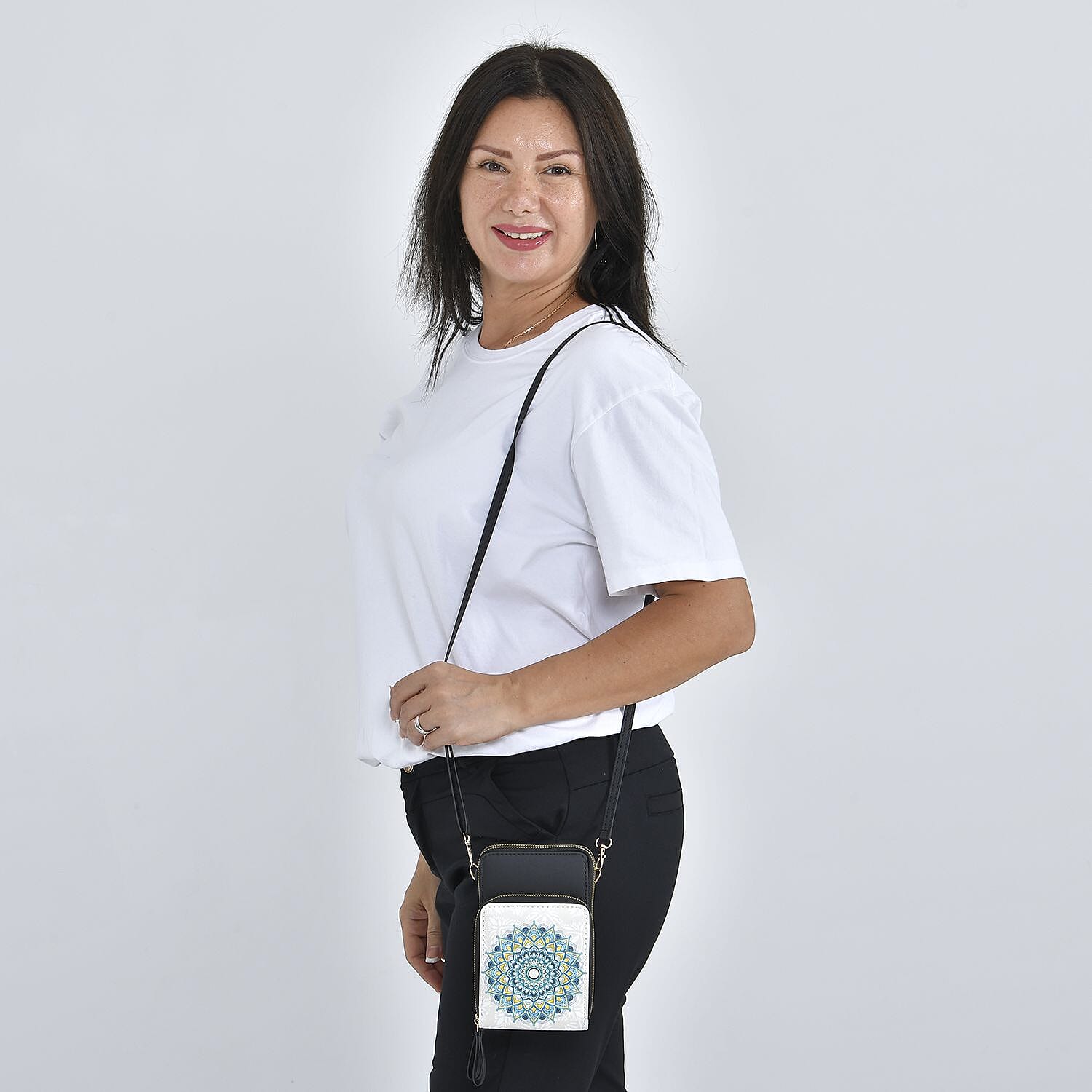 Circle Floral Pattern Small Crossbody Bag with RFID Protection and  Detachable Shoulder Strap (Size 11x18x7 Cm) - White & Blue