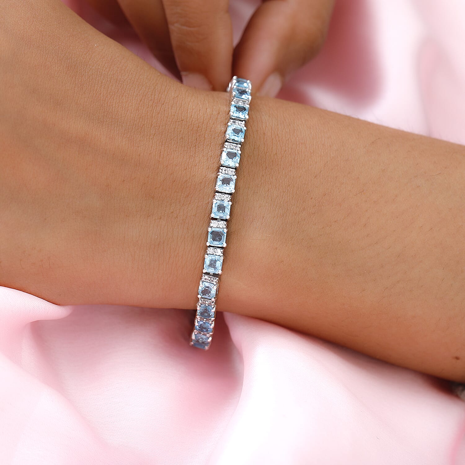 Monster Deal - Paraiba Apatite (Asscher Cut), Natural Cambodian Zircon Bracelet (Size 7) in Sterling Silver 10.78 Ct,  Silver Wt. 11.34 Gms