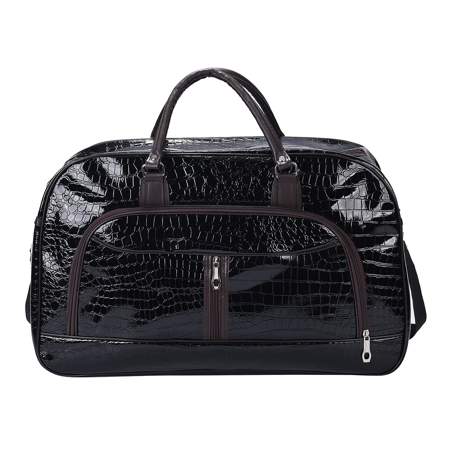 Croc Pattern Middle Travel Bag with Shoulder Strap (Size 55x20x34 Cm) - Black Patent