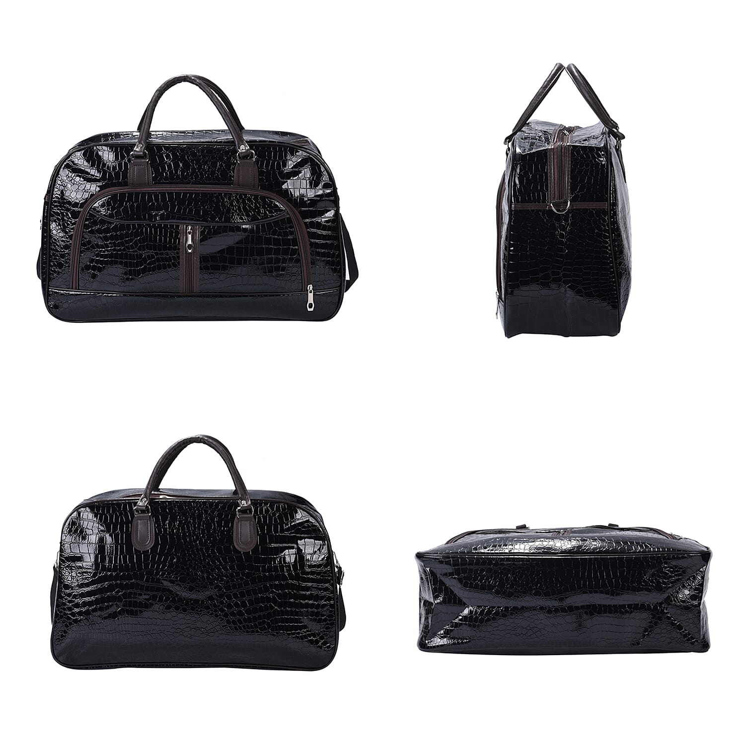 Croc Pattern Middle Travel Bag with Shoulder Strap (Size 55x20x34 Cm) - Black Patent