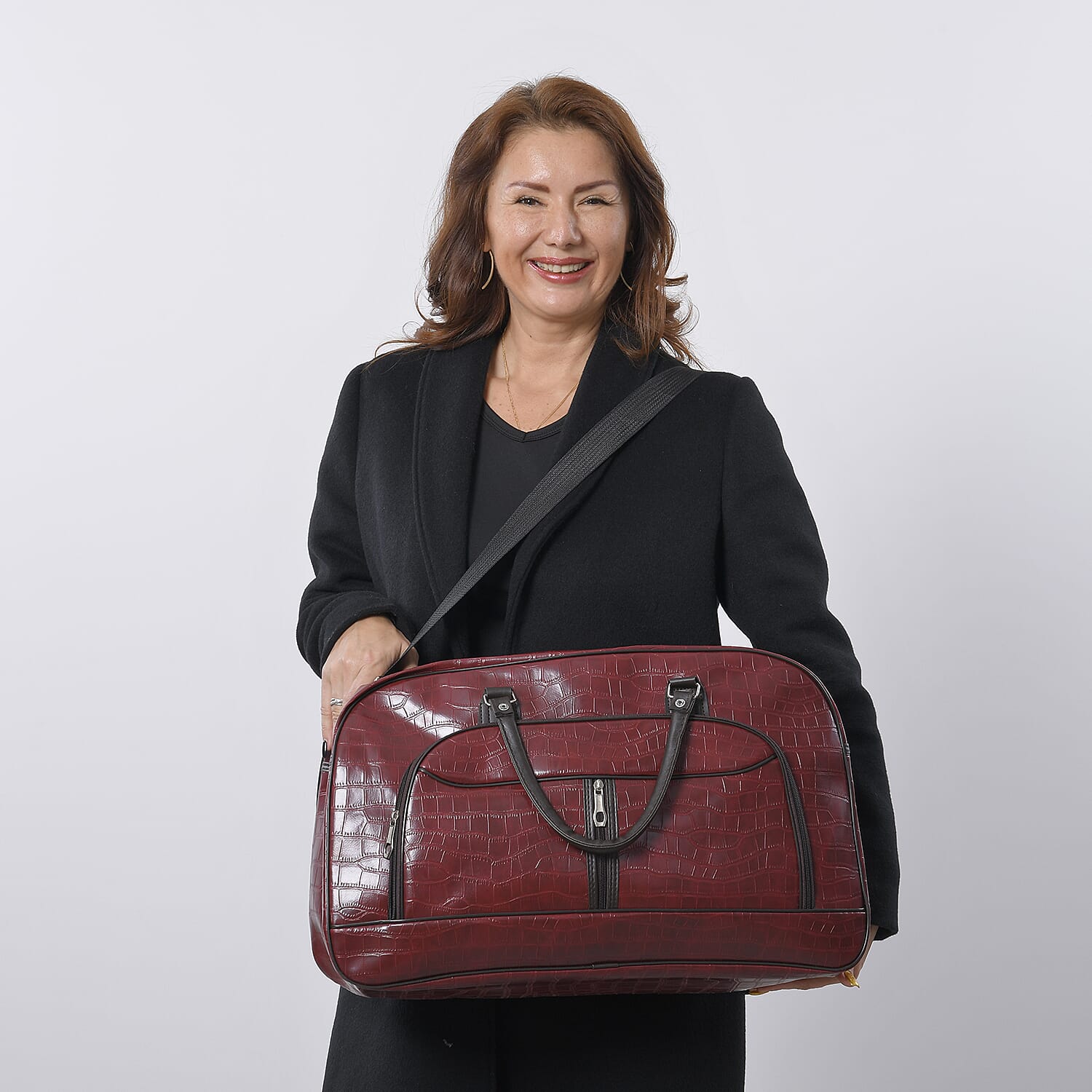 Croc Pattern Middle Travel Bag with Shoulder Strap - Red