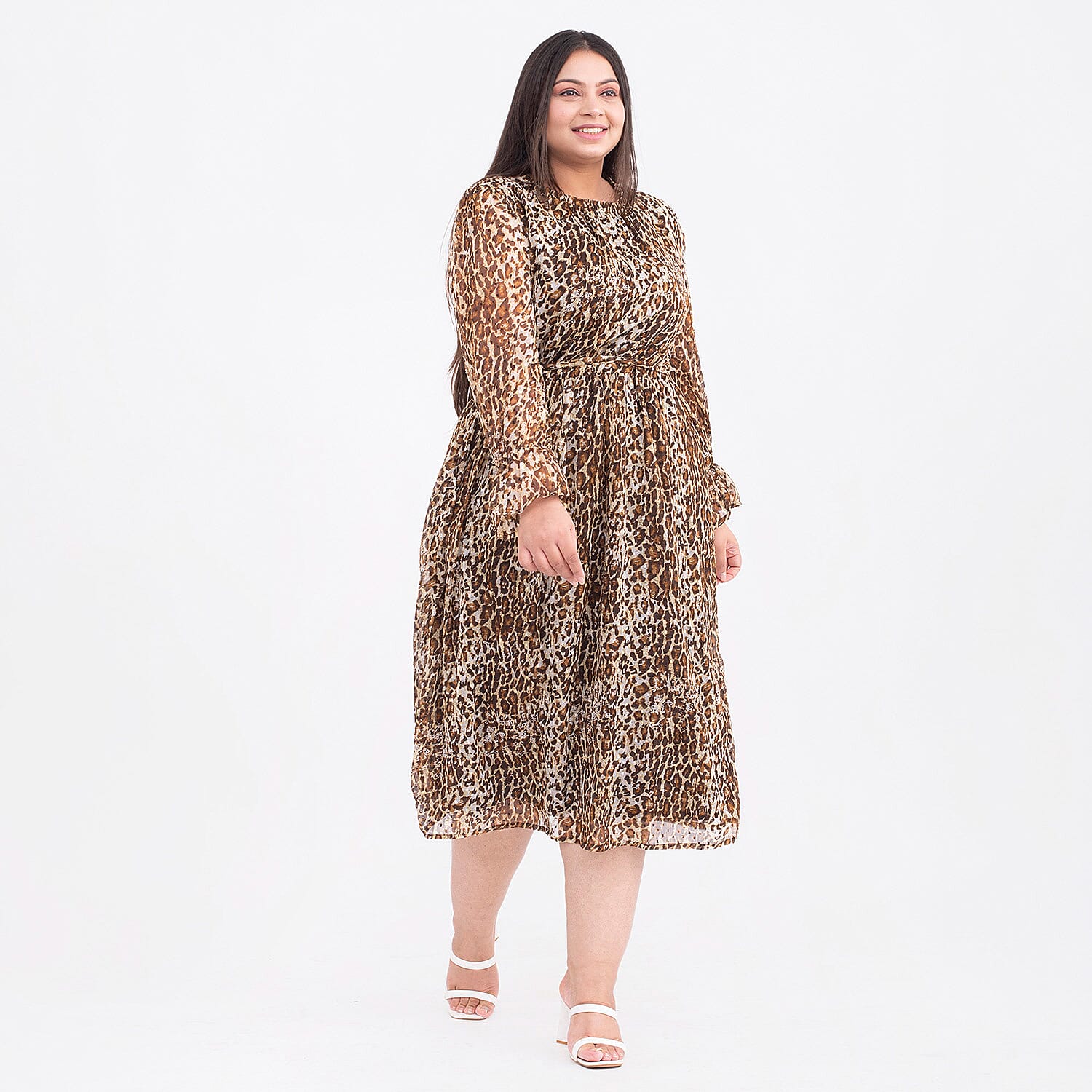 Tamsy Linning Full Sleeves Dress with Button on Back and Elastic Loop (Size M, 12-14) - Brown