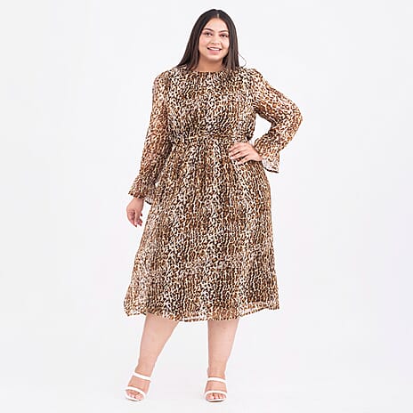 Tamsy Linning Full Sleeves Dress with Button on Back and Elastic Loop (Size L,16-18) - Brown