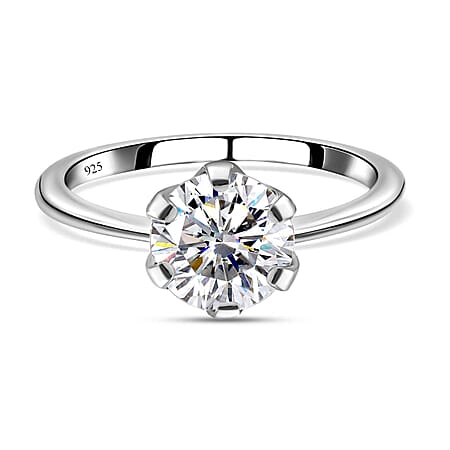 Moissanite Solitaire Ring in Sterling Silver with Platinum Plating Moissanite Solitaire Ring in Sterling Silver with Platinum Plating