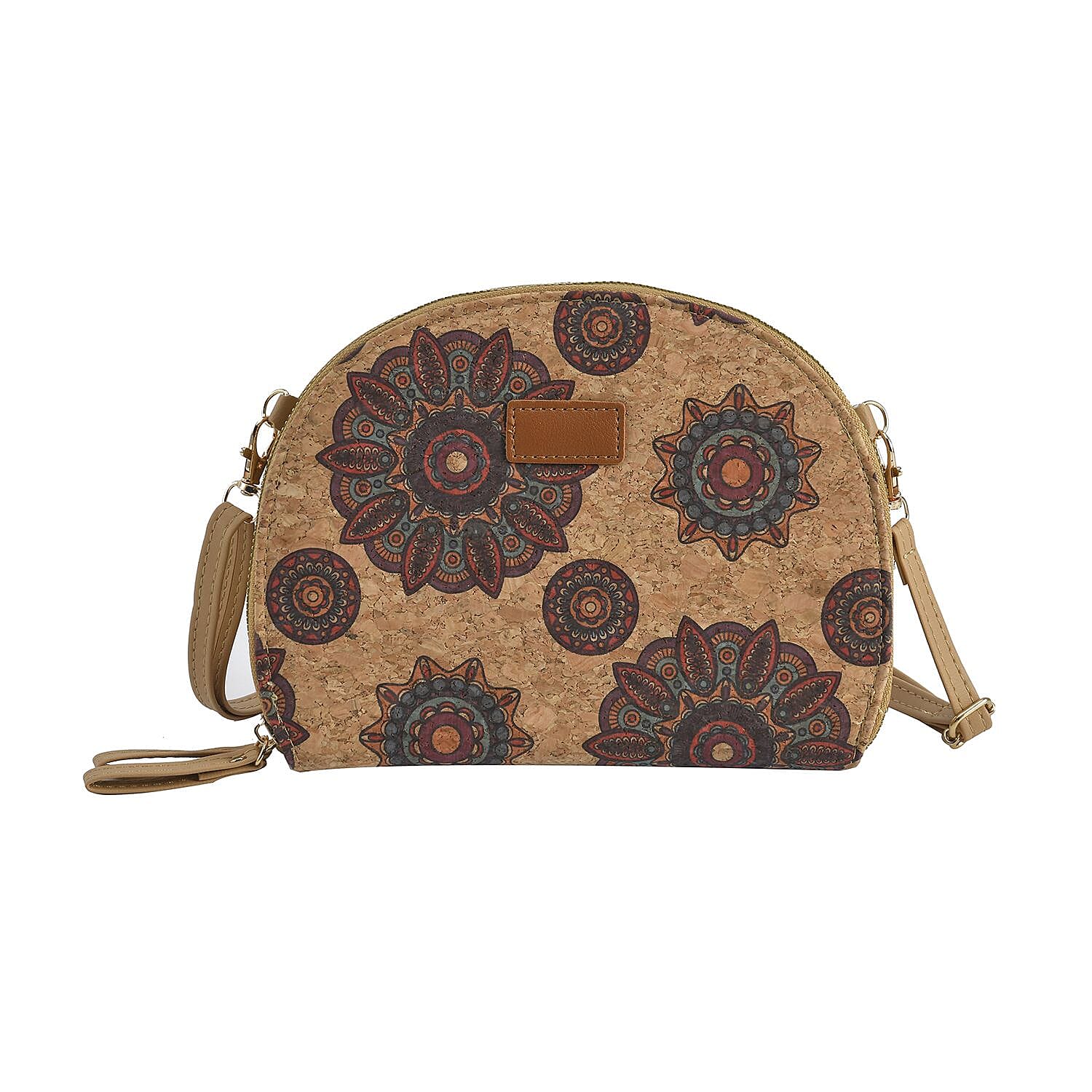 Half Round Shaped Cork Floral and Circle Pattern Crossbody Bag with RFID Protection and Shoulder Strap (Size 21x16x4 Cm) - Khaki