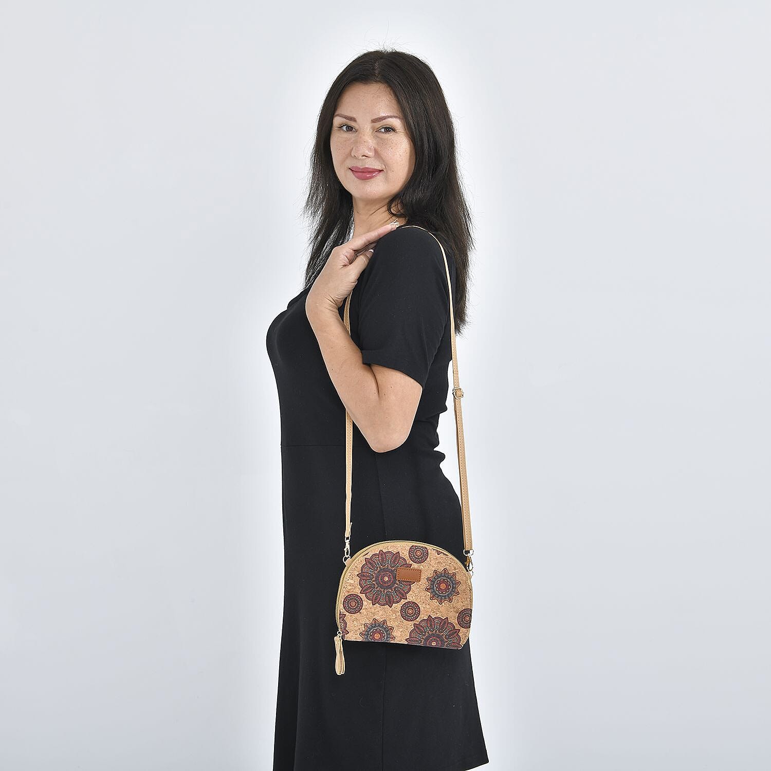Half Round Shaped Cork Floral and Circle Pattern Crossbody Bag with RFID Protection and Shoulder Strap (Size 21x16x4 Cm) - Khaki