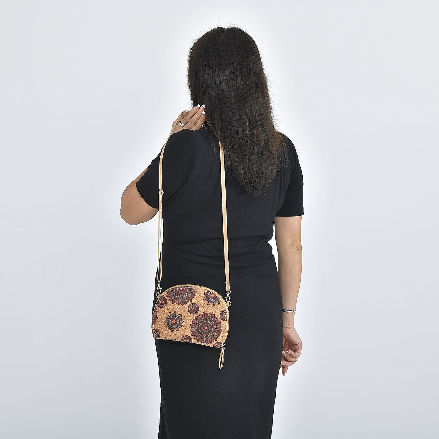 Half Round Shaped Cork Floral and Circle Pattern Crossbody Bag with RFID Protection and Shoulder Strap (Size 21x16x4 Cm) - Khaki