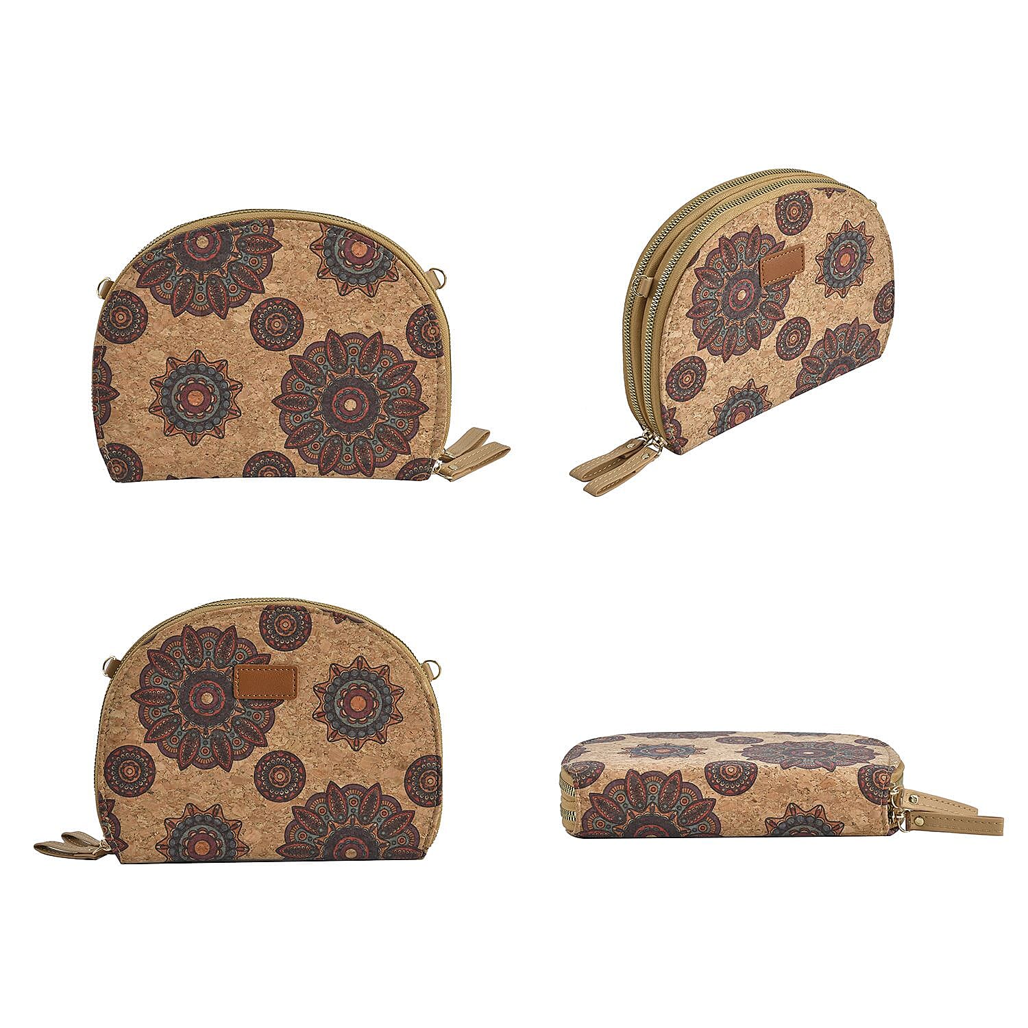 Half Round Shaped Cork Floral and Circle Pattern Crossbody Bag with RFID Protection and Shoulder Strap (Size 21x16x4 Cm) - Khaki