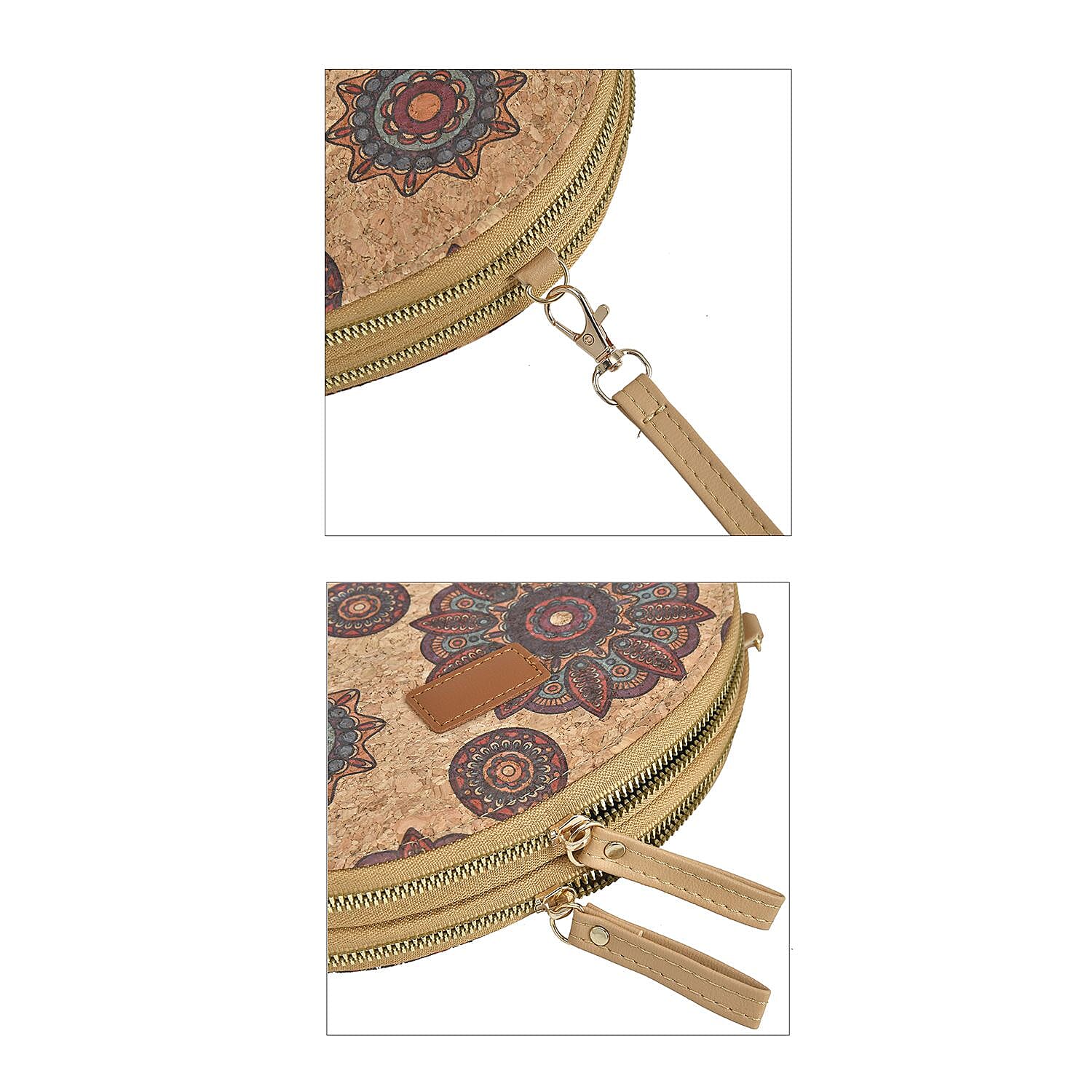 Half Round Shaped Cork Floral and Circle Pattern Crossbody Bag with RFID Protection and Shoulder Strap (Size 21x16x4 Cm) - Khaki