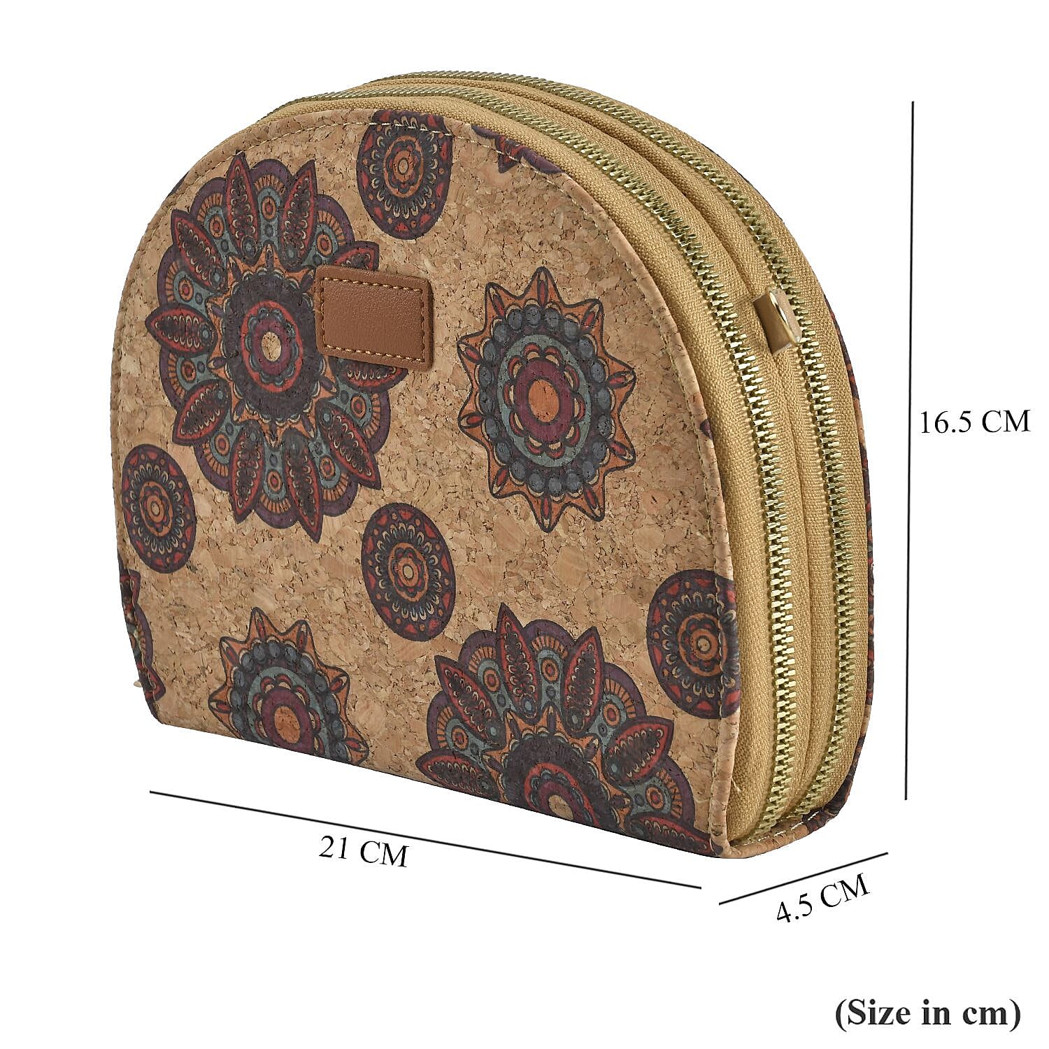Half Round Shaped Cork Floral and Circle Pattern Crossbody Bag with RFID Protection and Shoulder Strap (Size 21x16x4 Cm) - Khaki