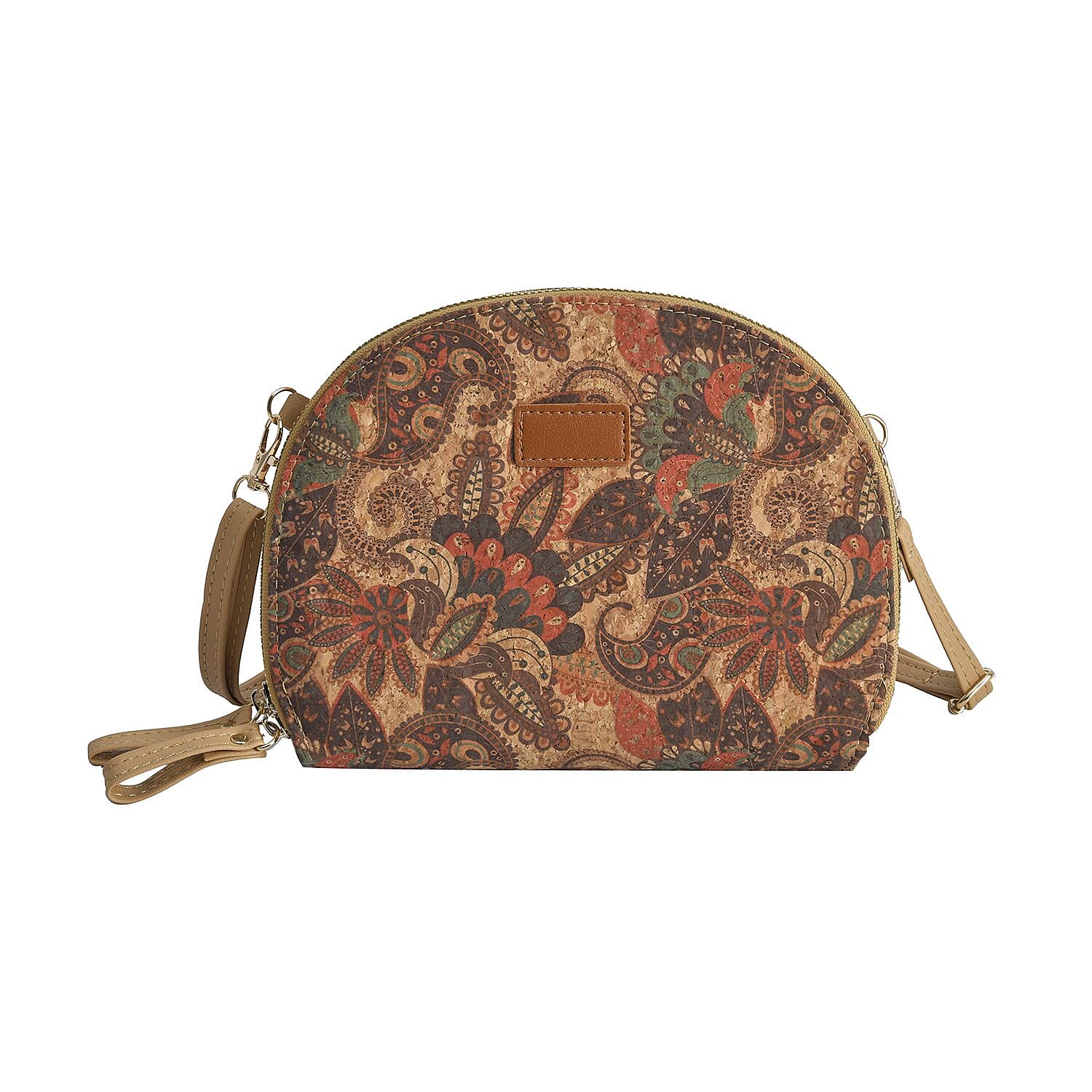 Half Round Shaped Cork Paisley Pattern Crossbody Bag with RFID Protection and Shoulder Strap (Size 21x16x4 Cm) - Khaki