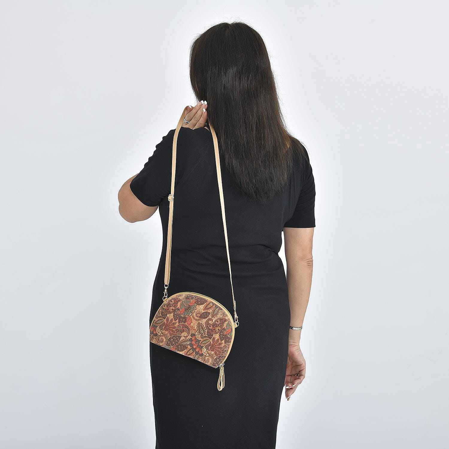 Half Round Shaped Cork Paisley Pattern Crossbody Bag with RFID Protection and Shoulder Strap (Size 21x16x4 Cm) - Khaki