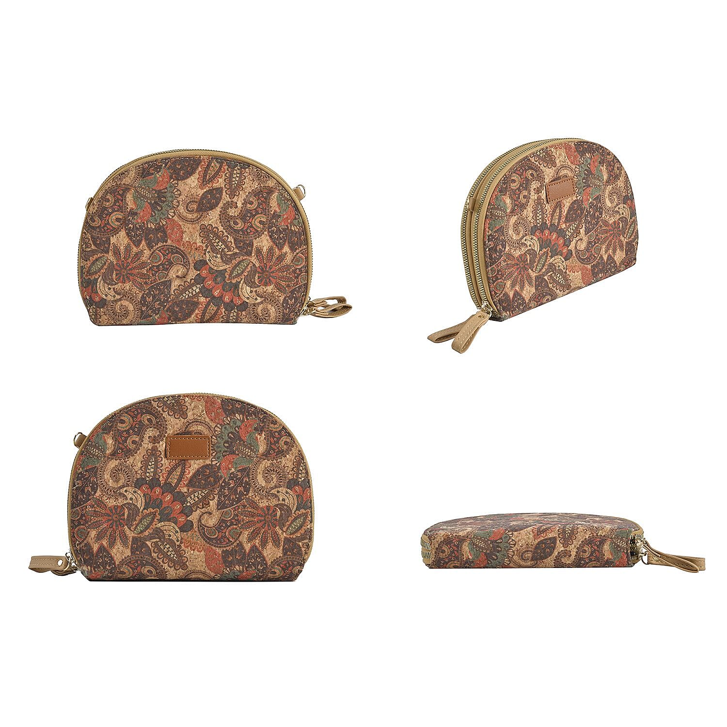 Half Round Shaped Cork Paisley Pattern Crossbody Bag with RFID Protection and Shoulder Strap (Size 21x16x4 Cm) - Khaki