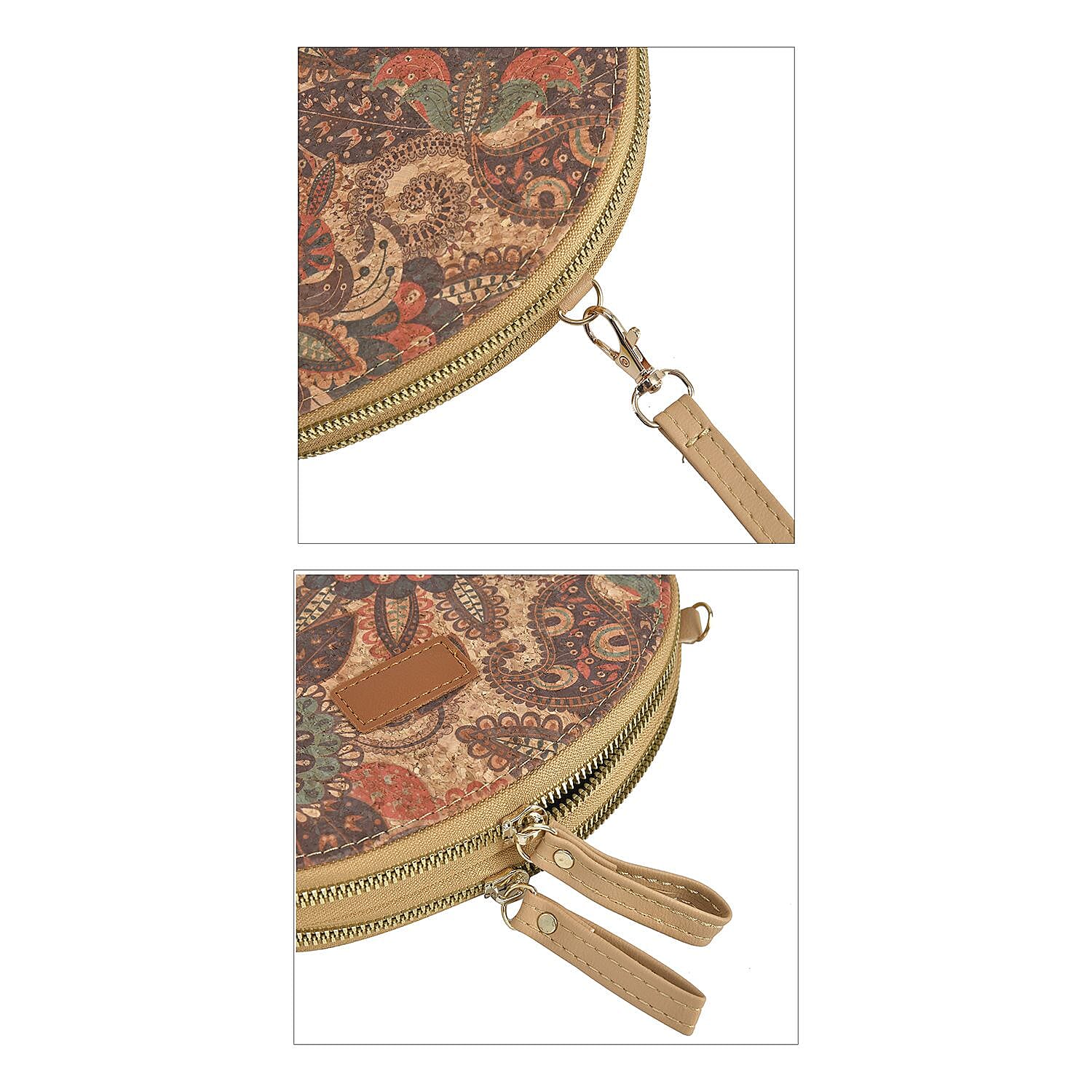 Half Round Shaped Cork Paisley Pattern Crossbody Bag with RFID Protection and Shoulder Strap (Size 21x16x4 Cm) - Khaki