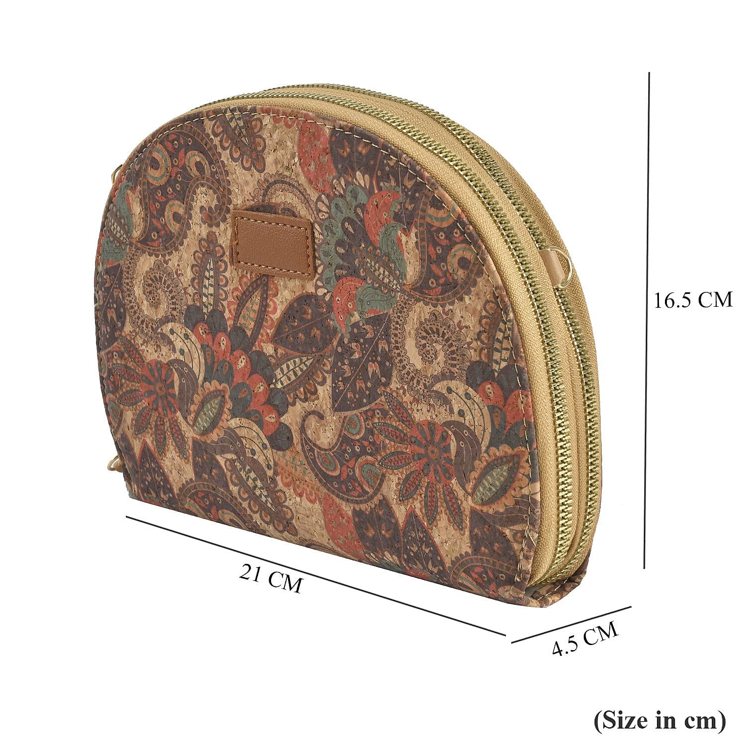 Half Round Shaped Cork Paisley Pattern Crossbody Bag with RFID Protection and Shoulder Strap (Size 21x16x4 Cm) - Khaki