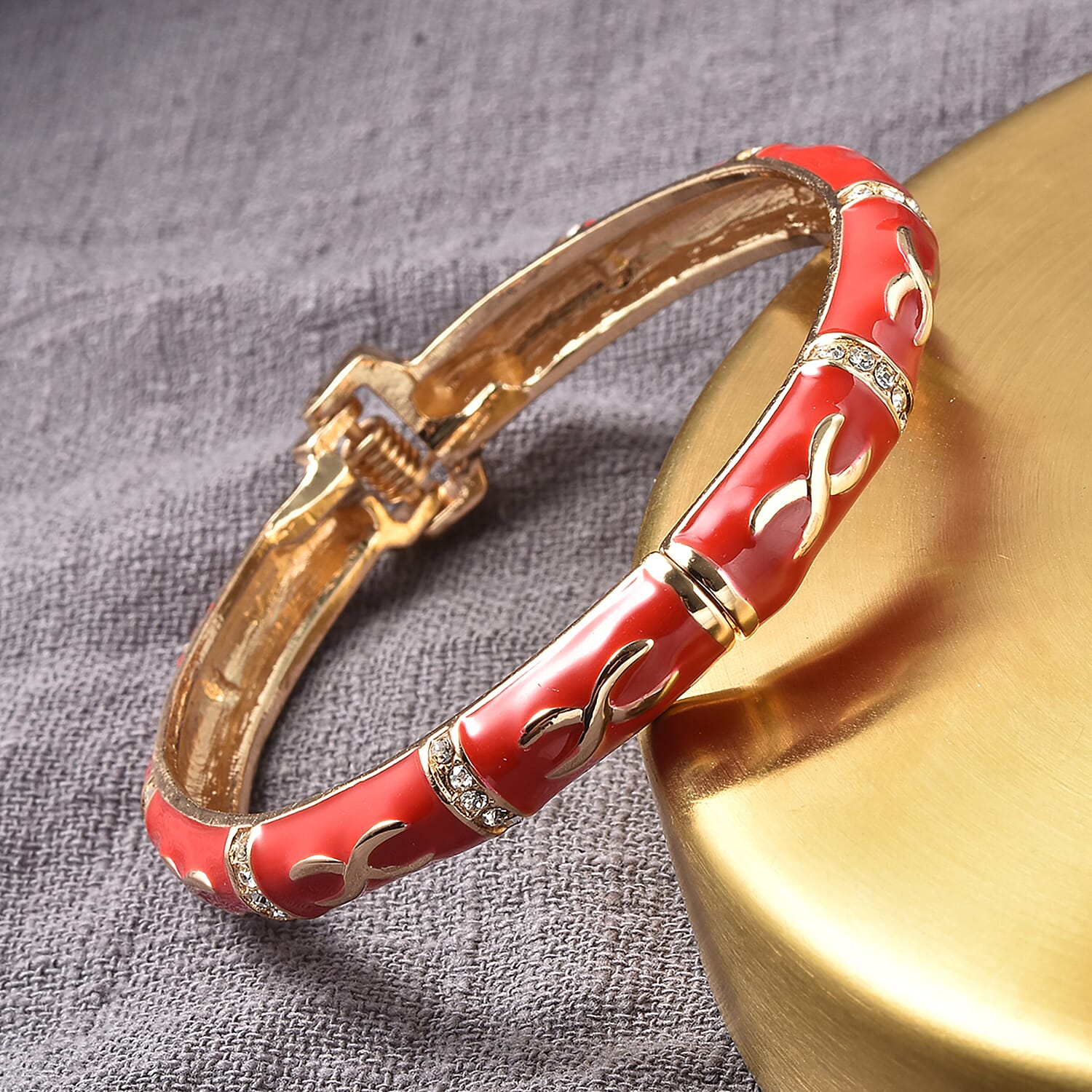 Designer Inspired - White Austrian Crystal Enamelled Bangle (Size 7.25) in Yellow Gold Tone