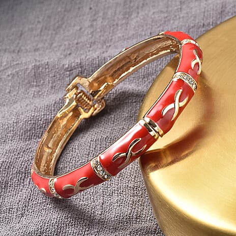 Designer Inspired - White Austrian Crystal Enamelled Bangle (Size 7.25) in Yellow Gold Tone