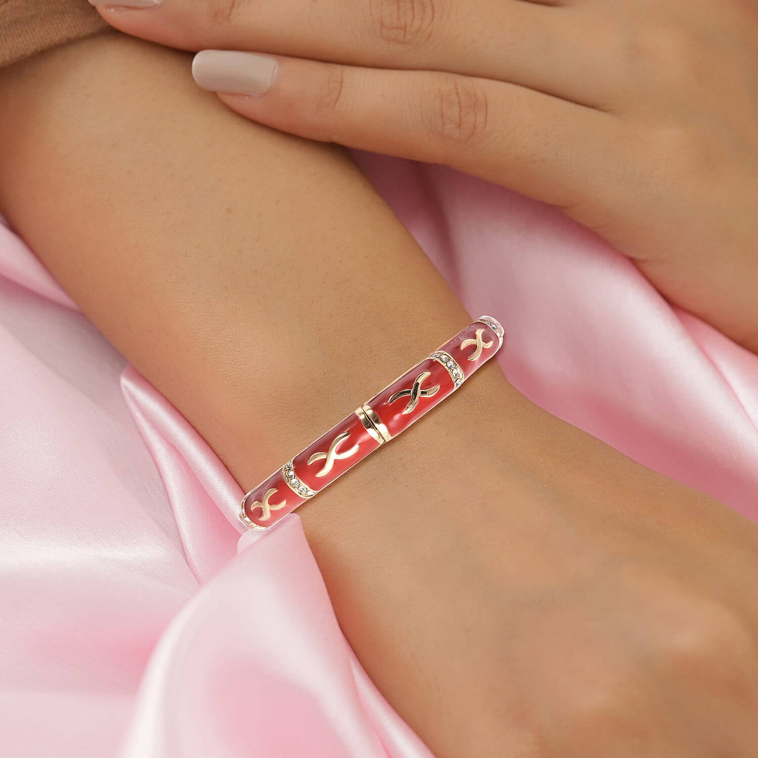 Designer Inspired - White Austrian Crystal Enamelled Bangle (Size 7.25) in Yellow Gold Tone