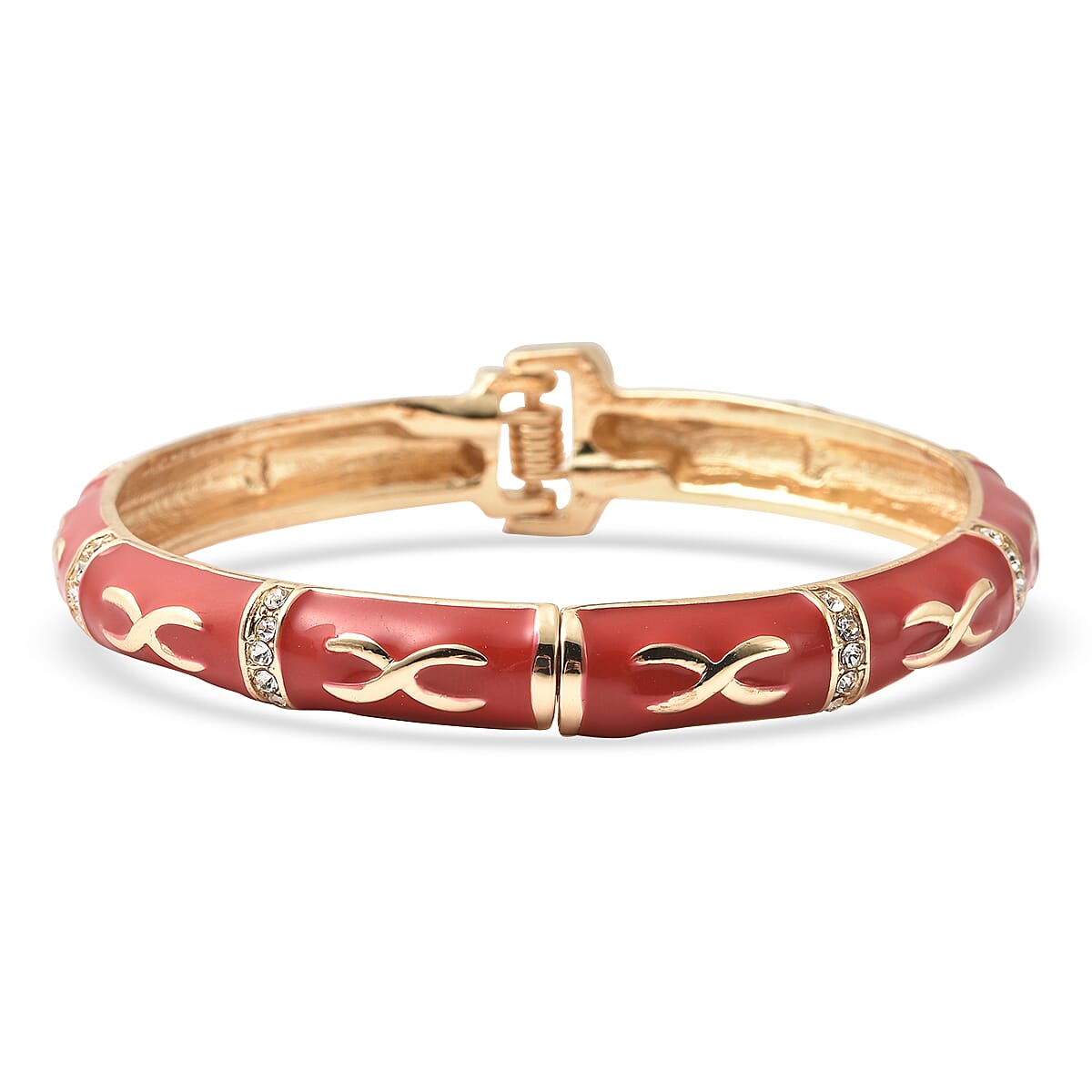 Designer Inspired - White Austrian Crystal Enamelled Bangle (Size 7.25) in Yellow Gold Tone