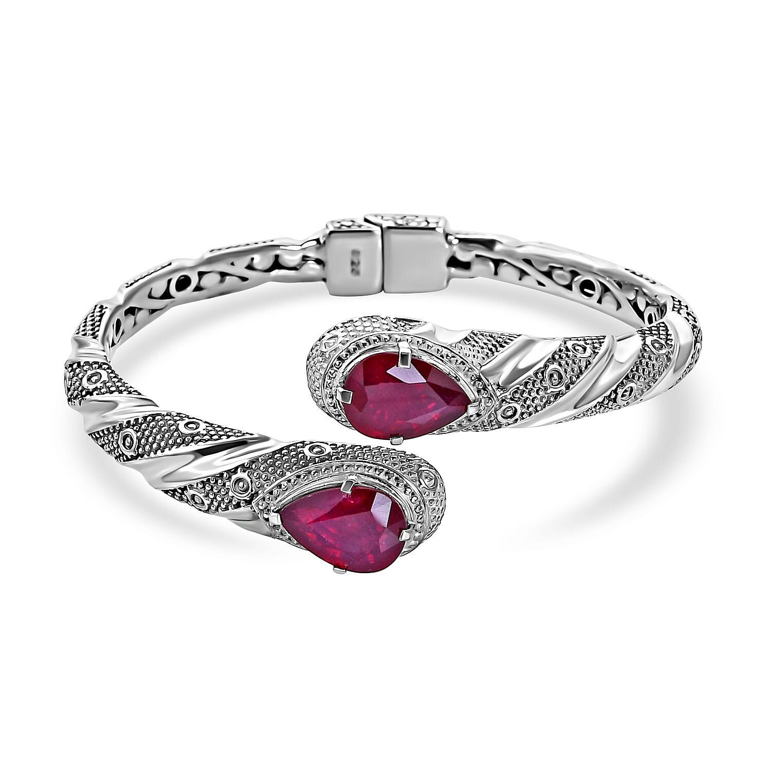 Royal Bali Collection - Ruby Bangle (Size - 7.25) in Sterling Silver 14.00 Ct, Silver Wt. 40 Gms