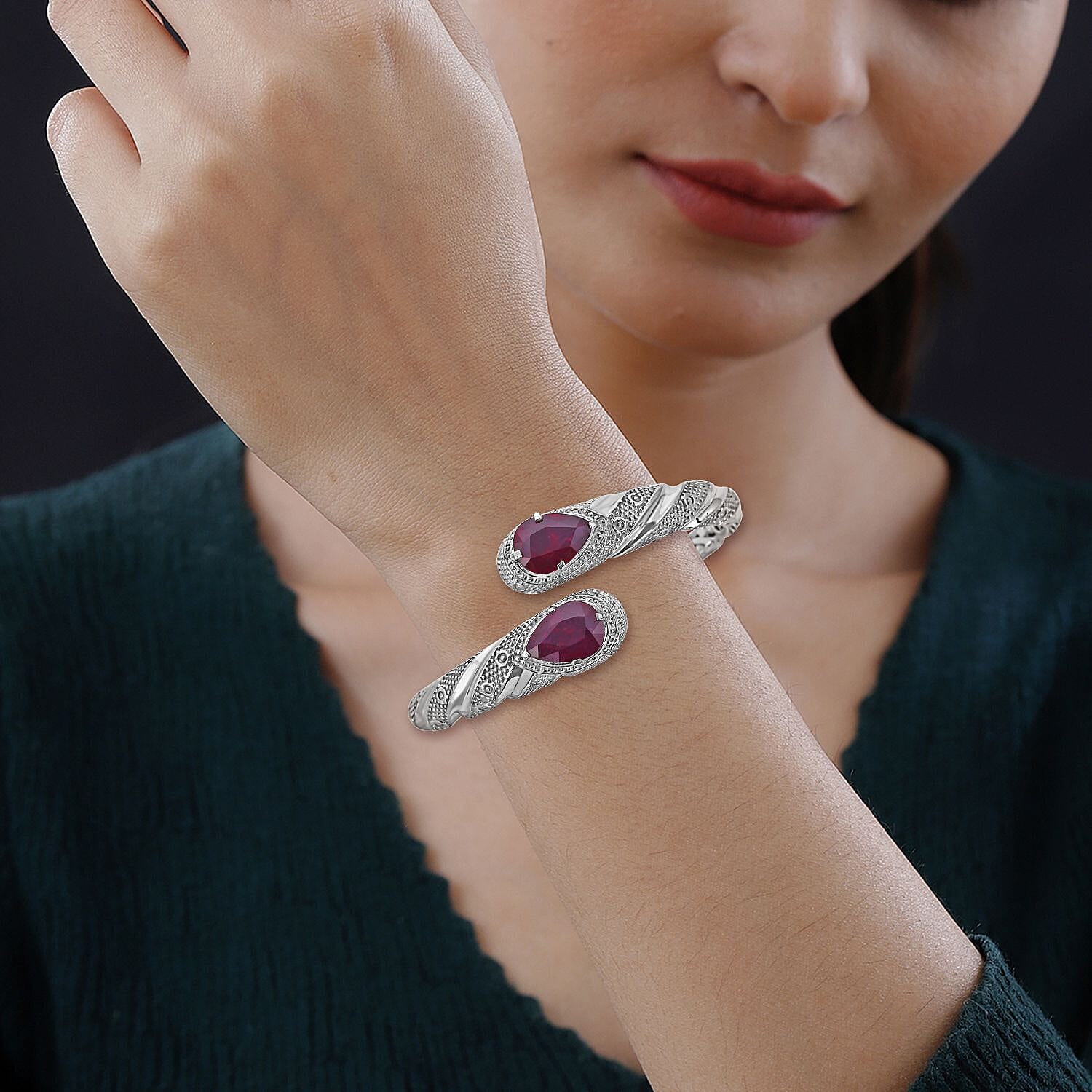 Royal Bali Collection - Ruby Bangle (Size - 7.25) in Sterling Silver 14.00 Ct, Silver Wt. 40 Gms