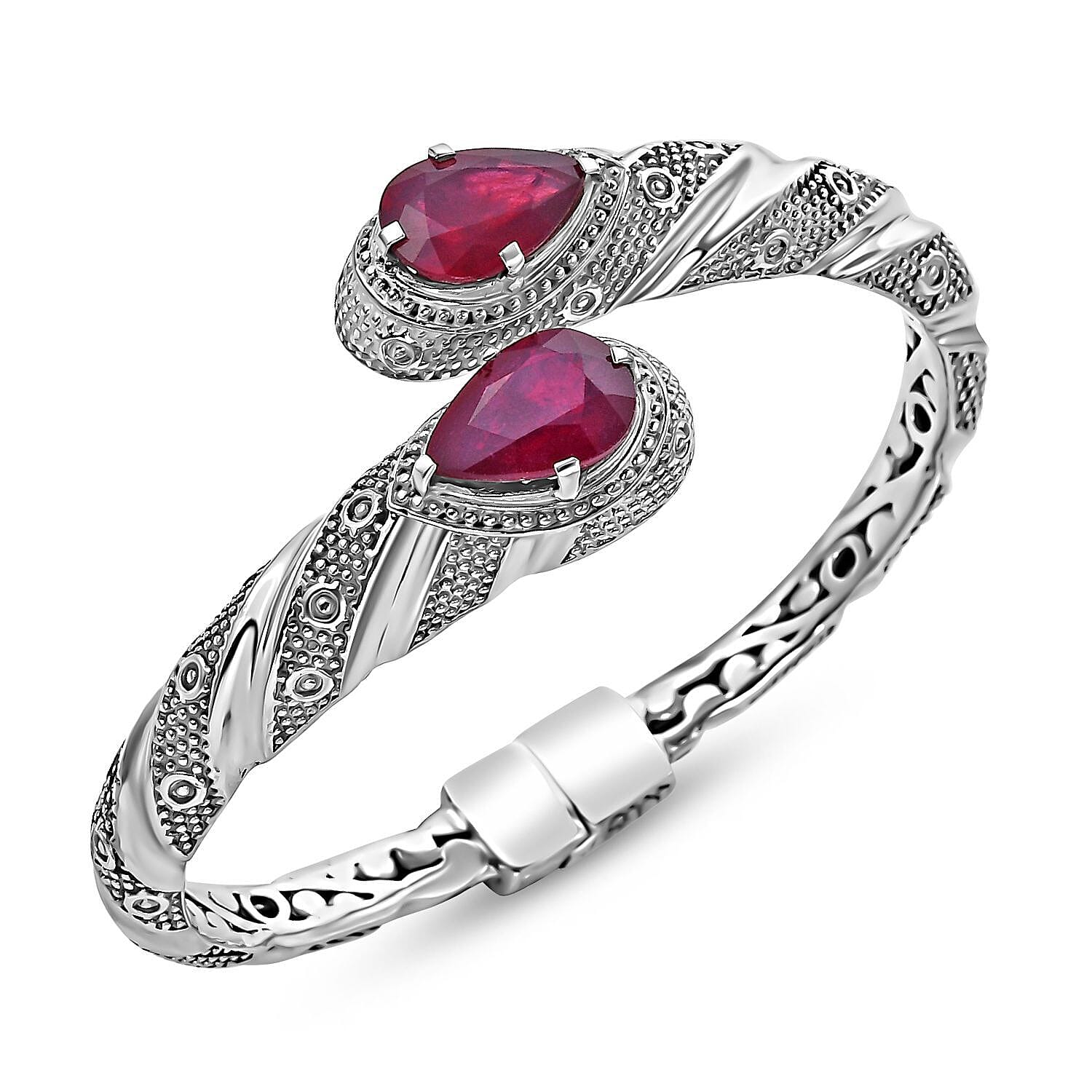 Royal Bali Collection - Ruby Bangle (Size - 7.25) in Sterling Silver 14.00 Ct, Silver Wt. 40 Gms