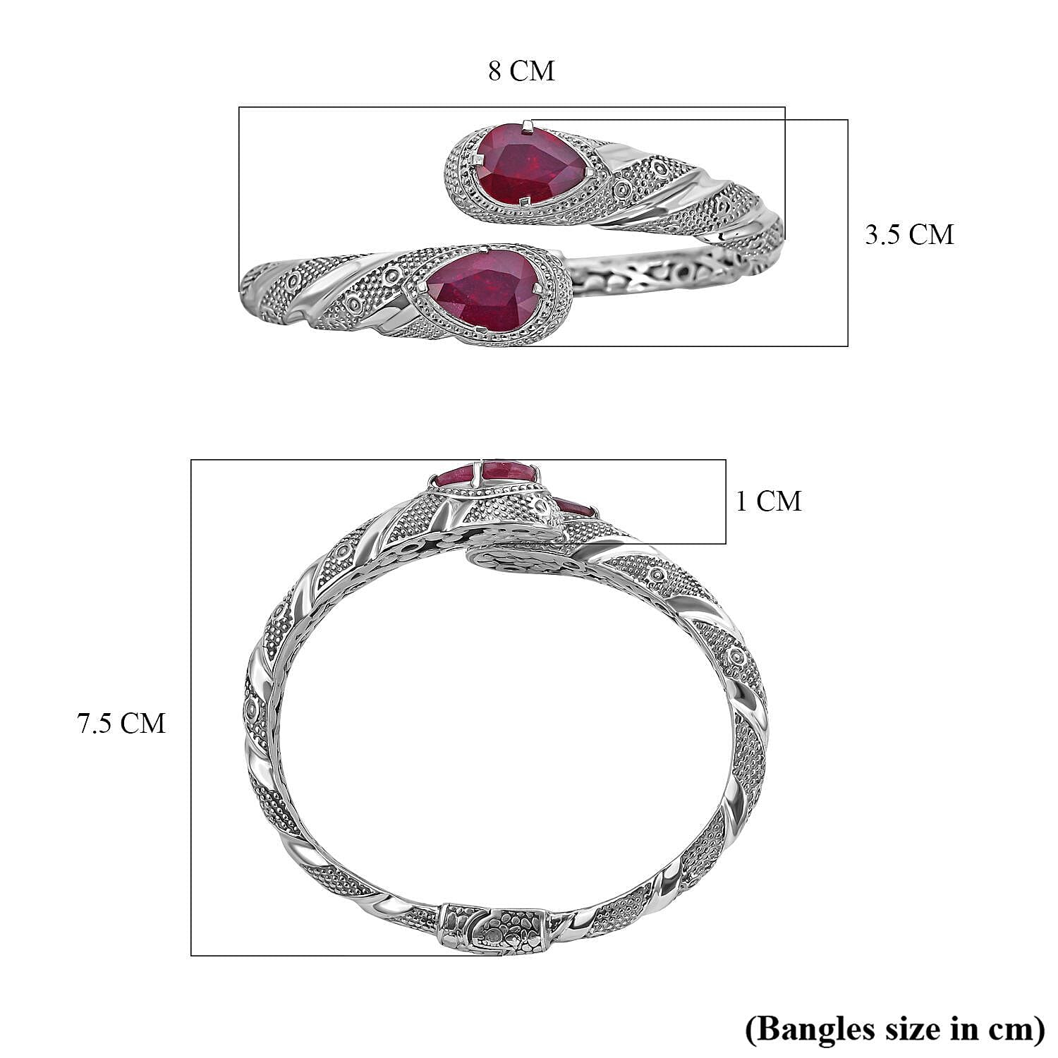 Royal Bali Collection - Ruby Bangle (Size - 7.25) in Sterling Silver 14.00 Ct, Silver Wt. 40 Gms