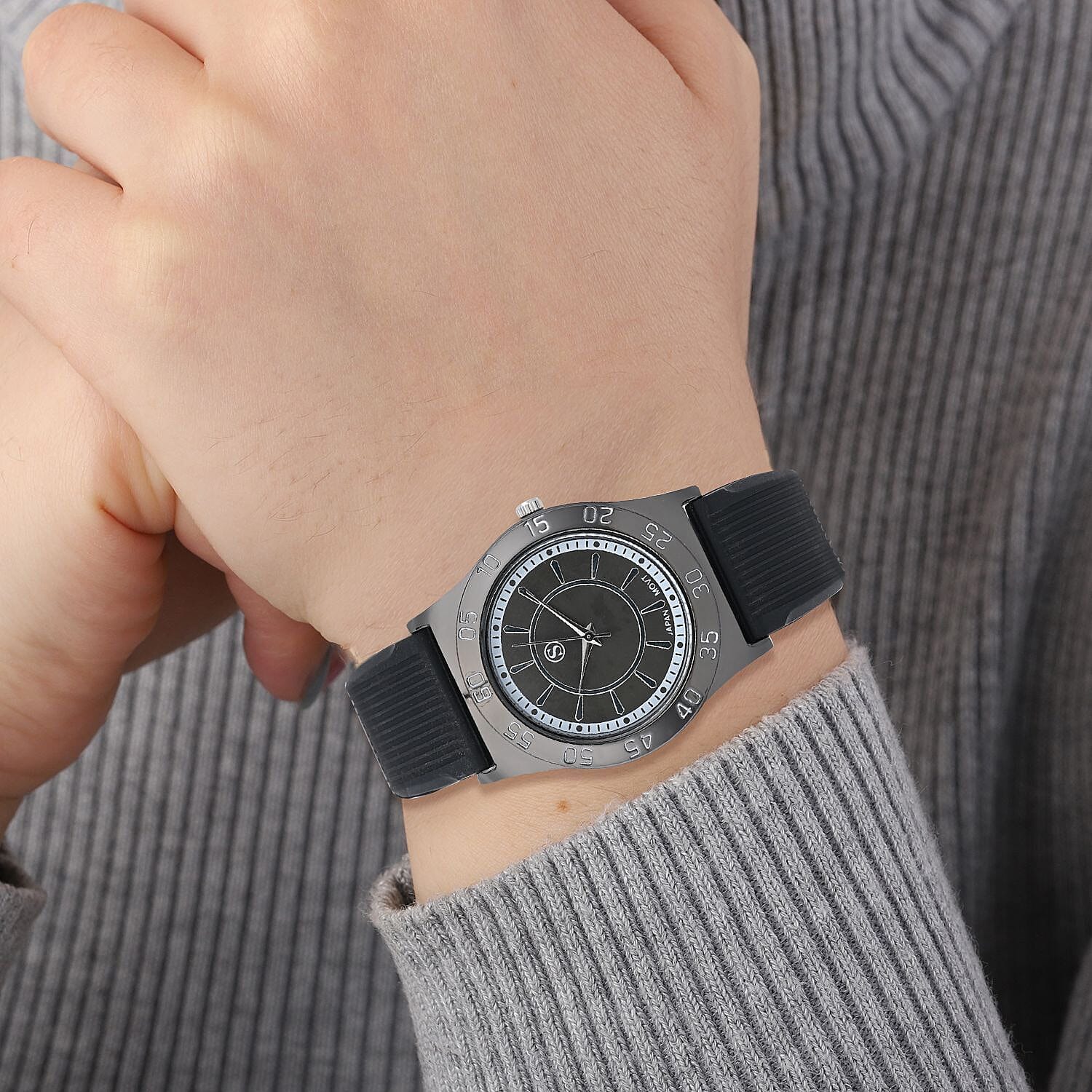 8mm Case alloy case Movement PC21S/Japanese Movement Plated PNP neon black steel color plating, Brand STRADA Dial black sunshine literal UP bars Strap black silicone strap