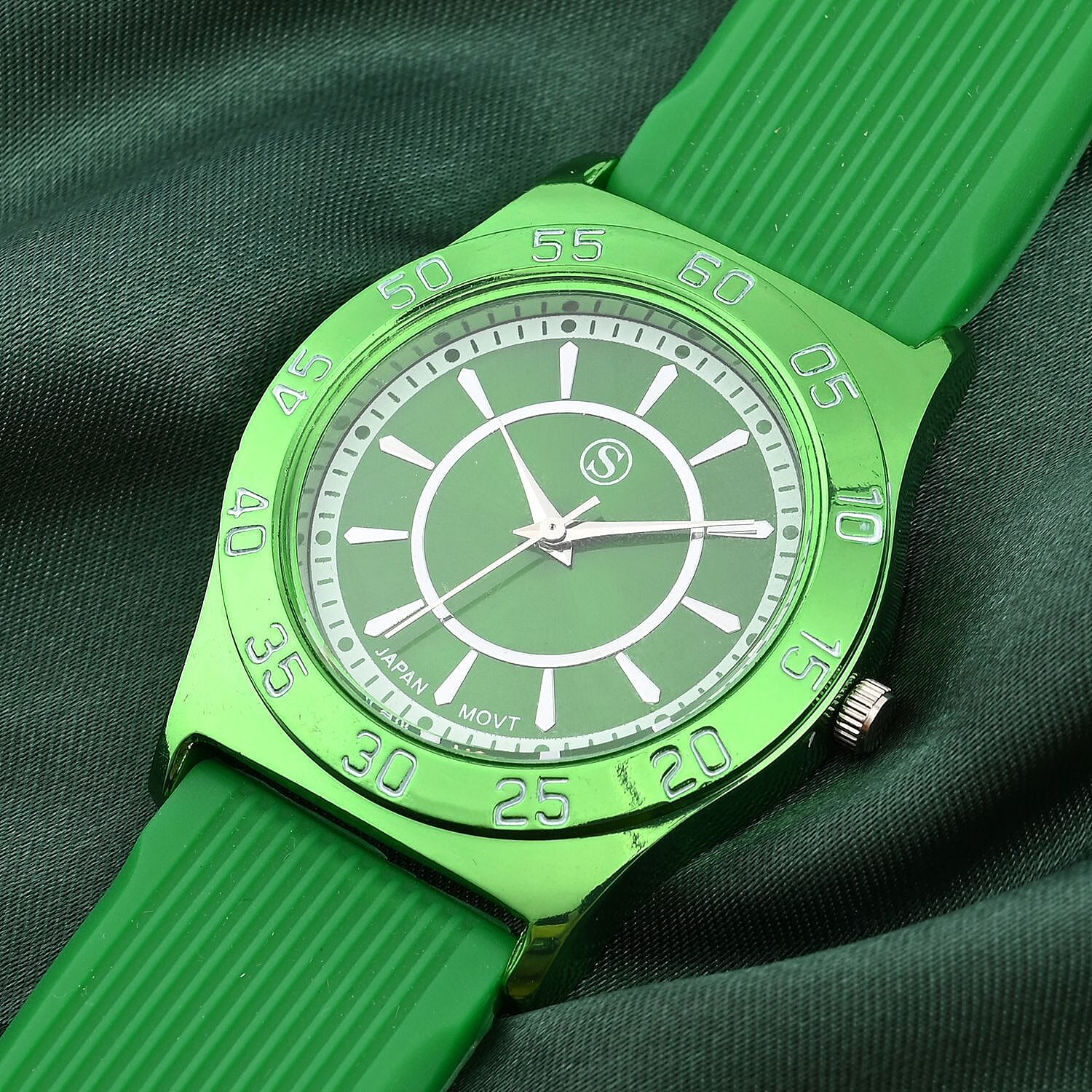 STRADA Japanese Movement Green Sunshine Dial Water Resistant Watch with Green Silicon Strap
