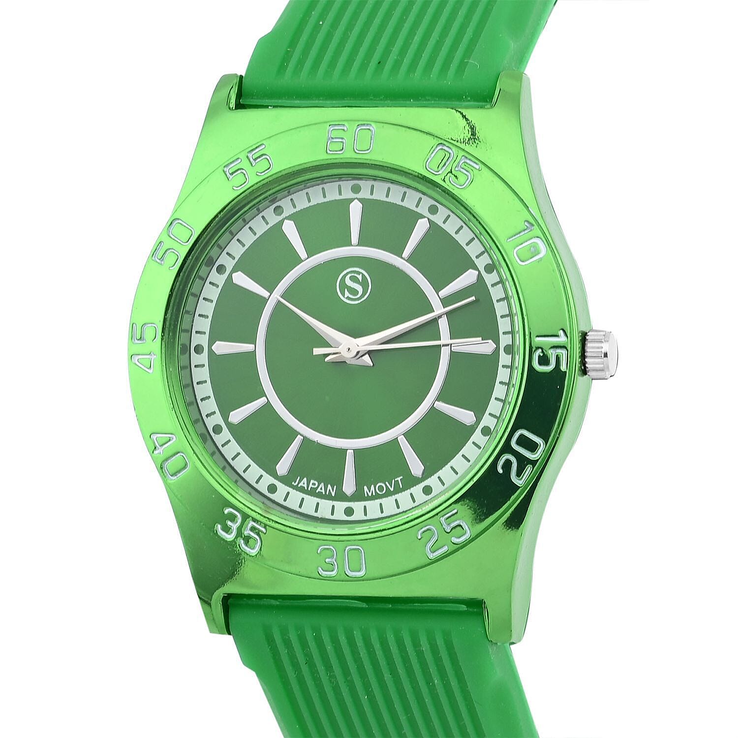 STRADA Japanese Movement Green Sunshine Dial Water Resistant Watch with Green Silicon Strap