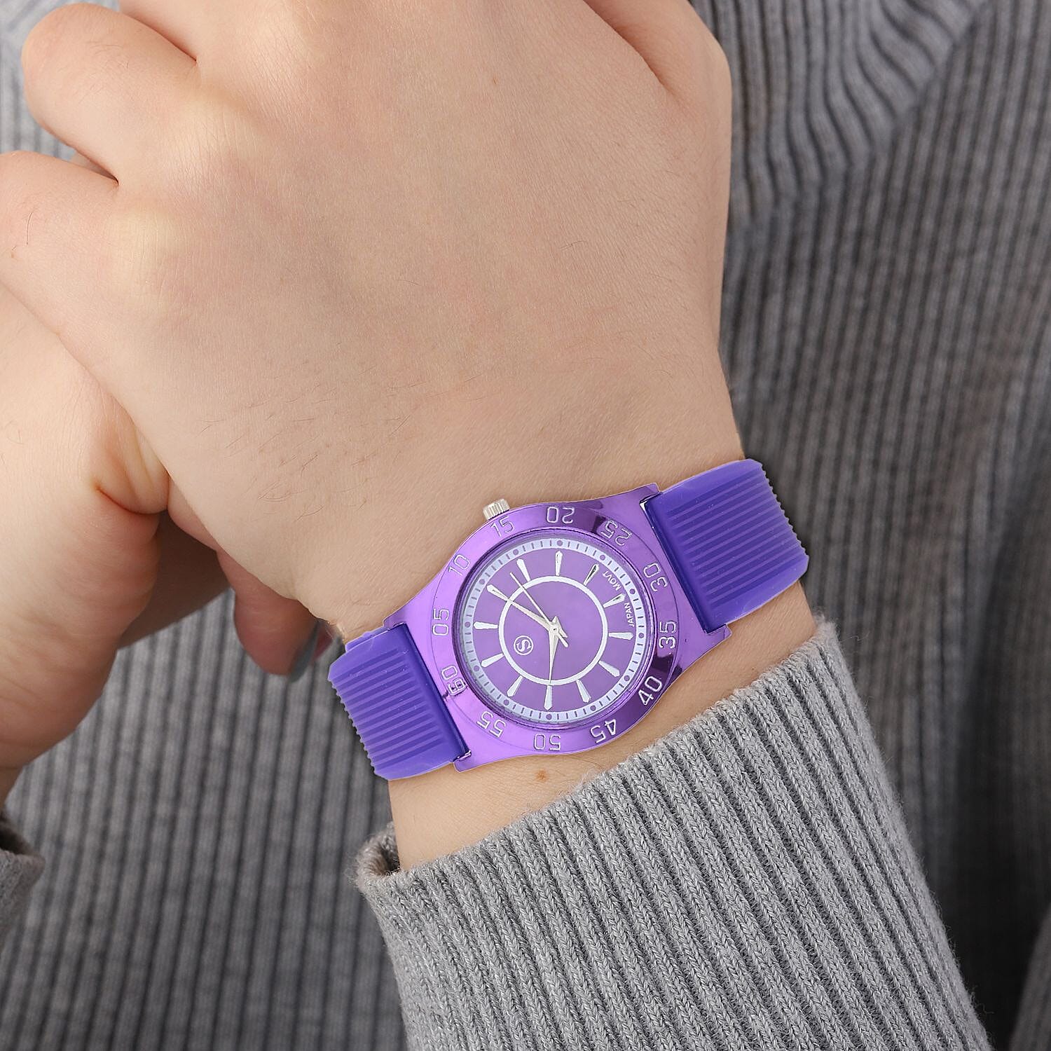 STRADA Japanese Movement Purple Sunshine Dial Water Resistant Watch with Purple Silicon Strap