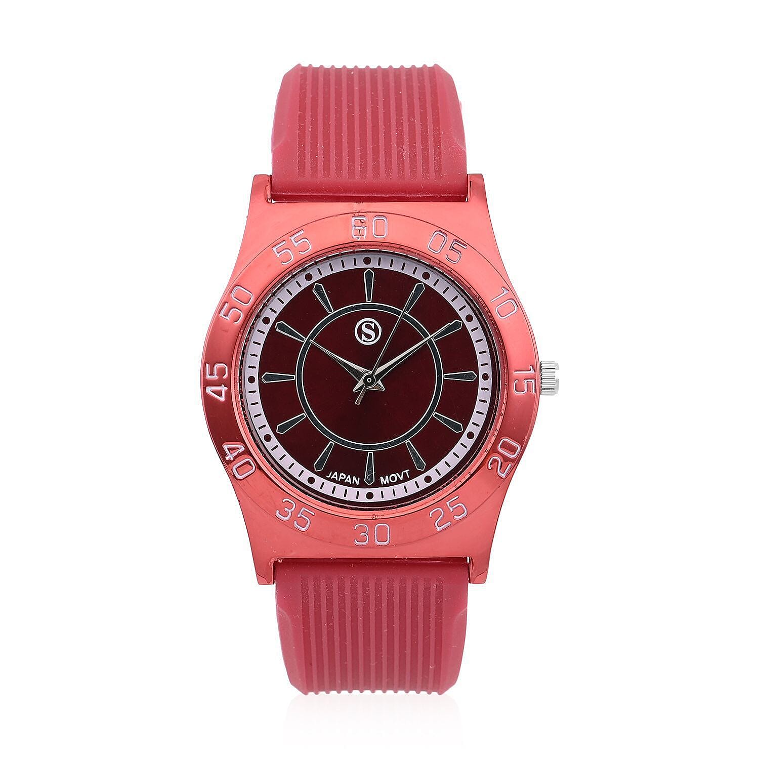 STRADA Japanese Movement Red Sunshine Dial Water Resistant Watch with Red Silicon Strap